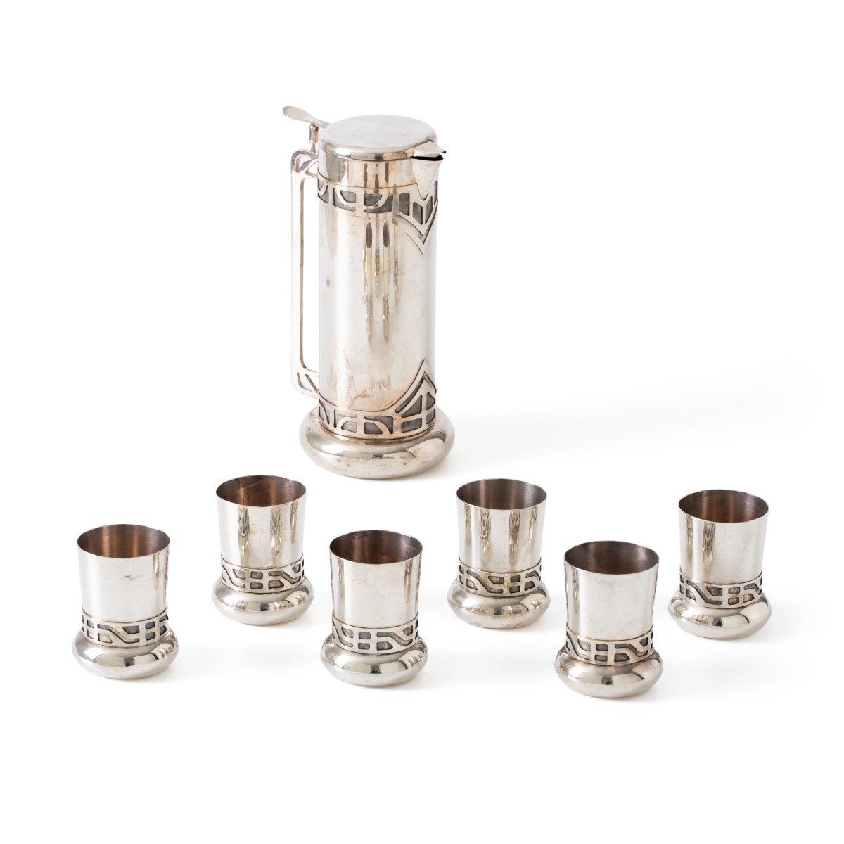 Jugendstil drinkservies (7), Krakau, Polen ca. 1970, zilver
