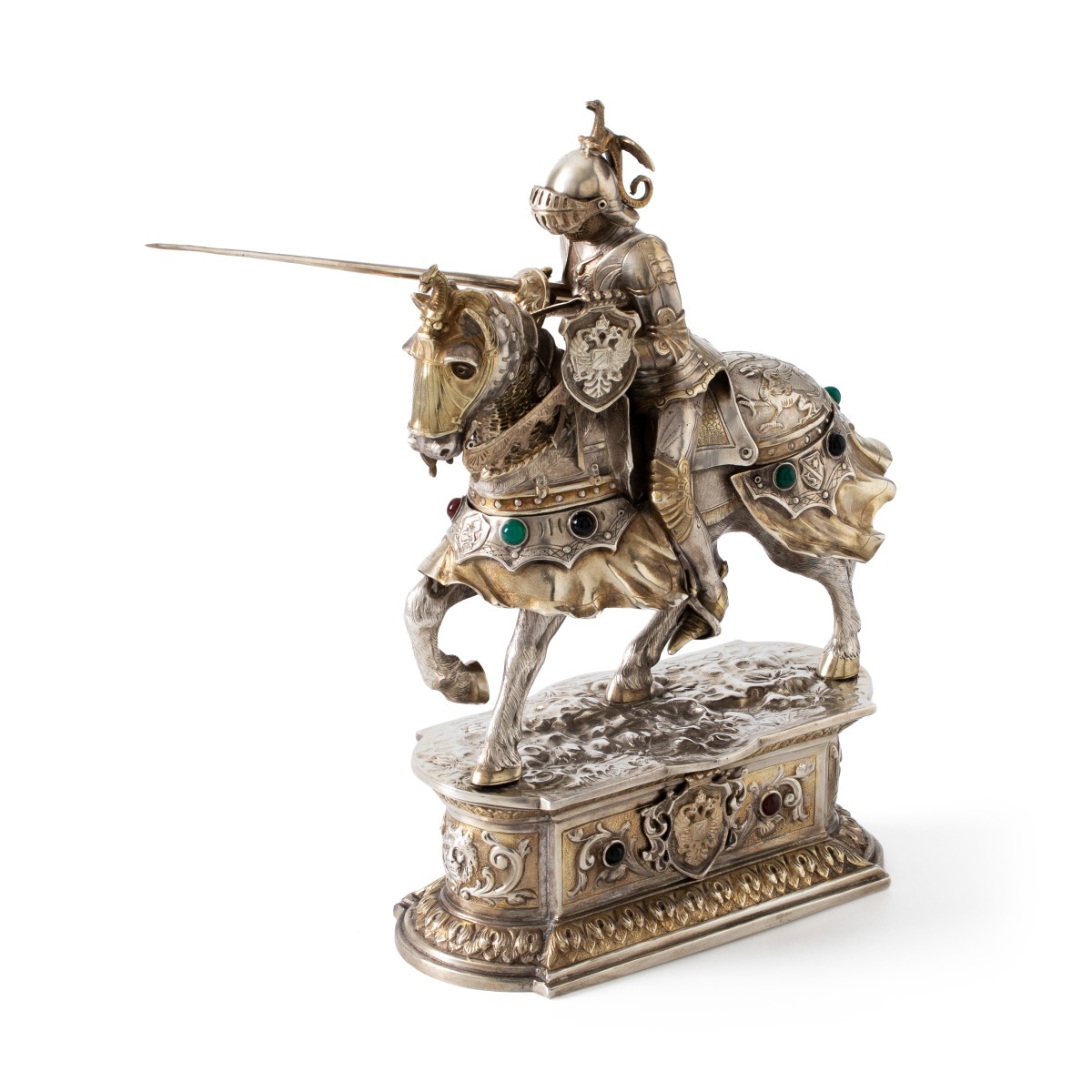 Toernooiridder te paard, Vereinigte Silberwarenfabriken Wolf & Knell, Hanau ca. 1920, zilver
