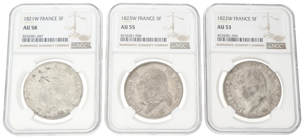 France. Louis XVIII. Lot (3) 5 Francs. 1821 - 1823. Average AUnc