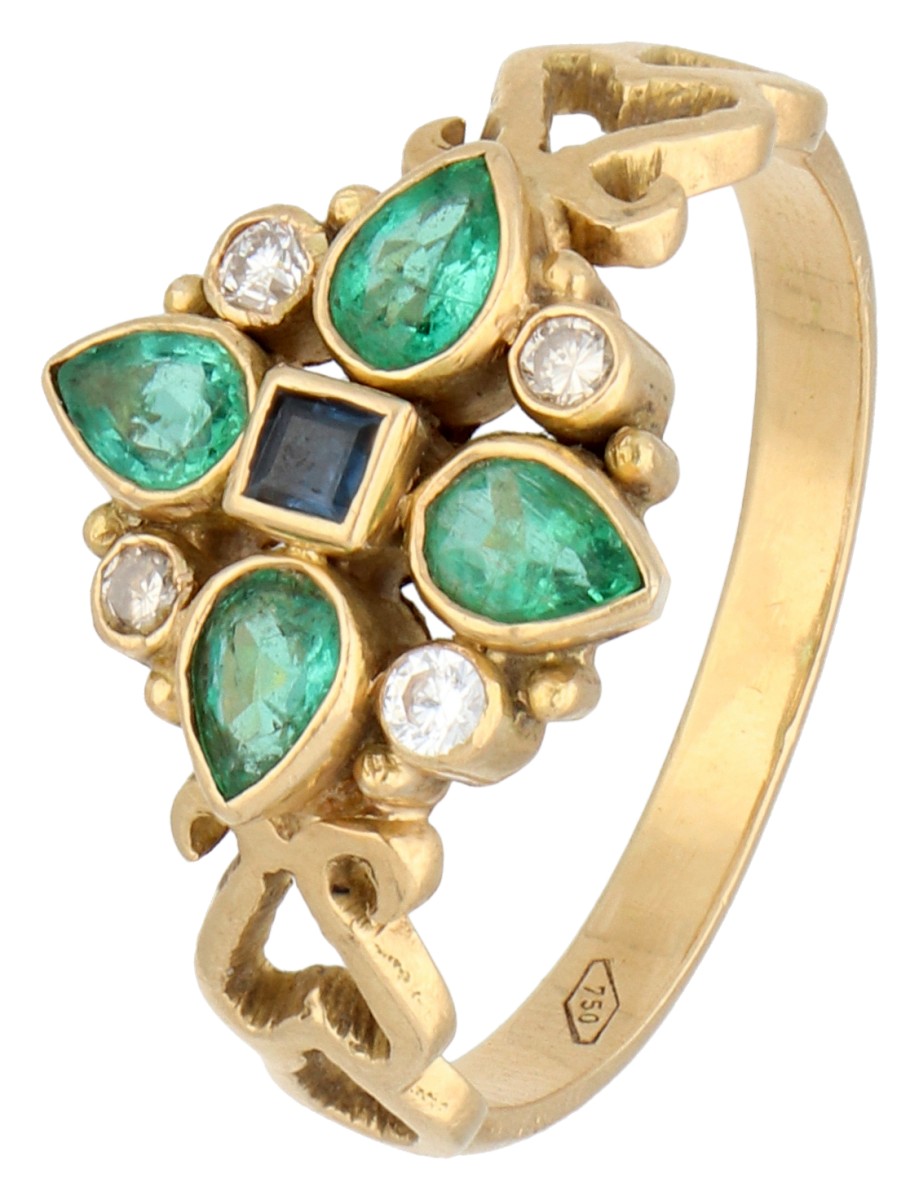 18K geelgouden ring bezet met ca. 0.04 ct. diamant, smaragd en saffier 