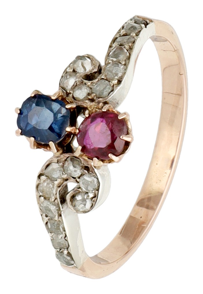 Gouden/zilveren ring met diamant, robijn en saffier