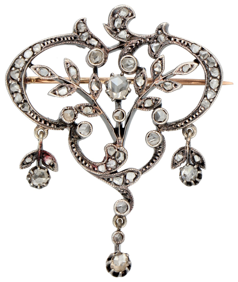 Gouden/zilveren broche met roos geslepen diamant 