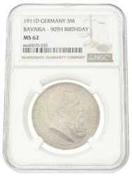 German states. Bavaria. Luitpold. 3 Mark - 90th Birthday. 1911D. MS 62