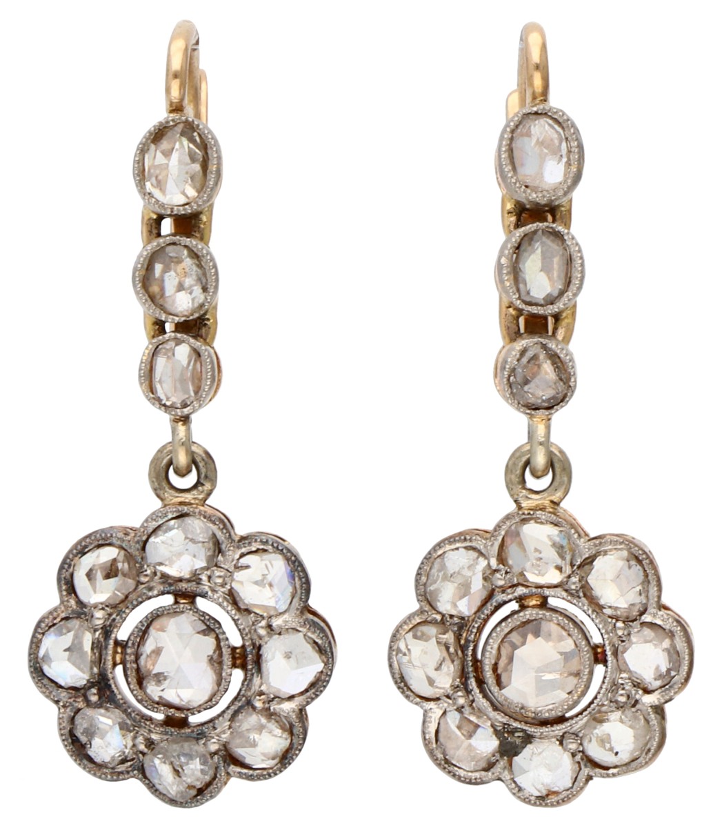 14K bicolor gouden oorhangers met roos geslepen diamant 
