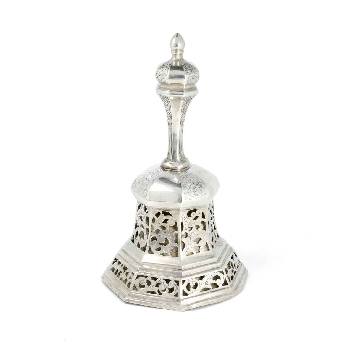Biedermeier tafelbel, Hendrikus Simon de Leeuw, 's-Hertogenbosch 1854, zilver