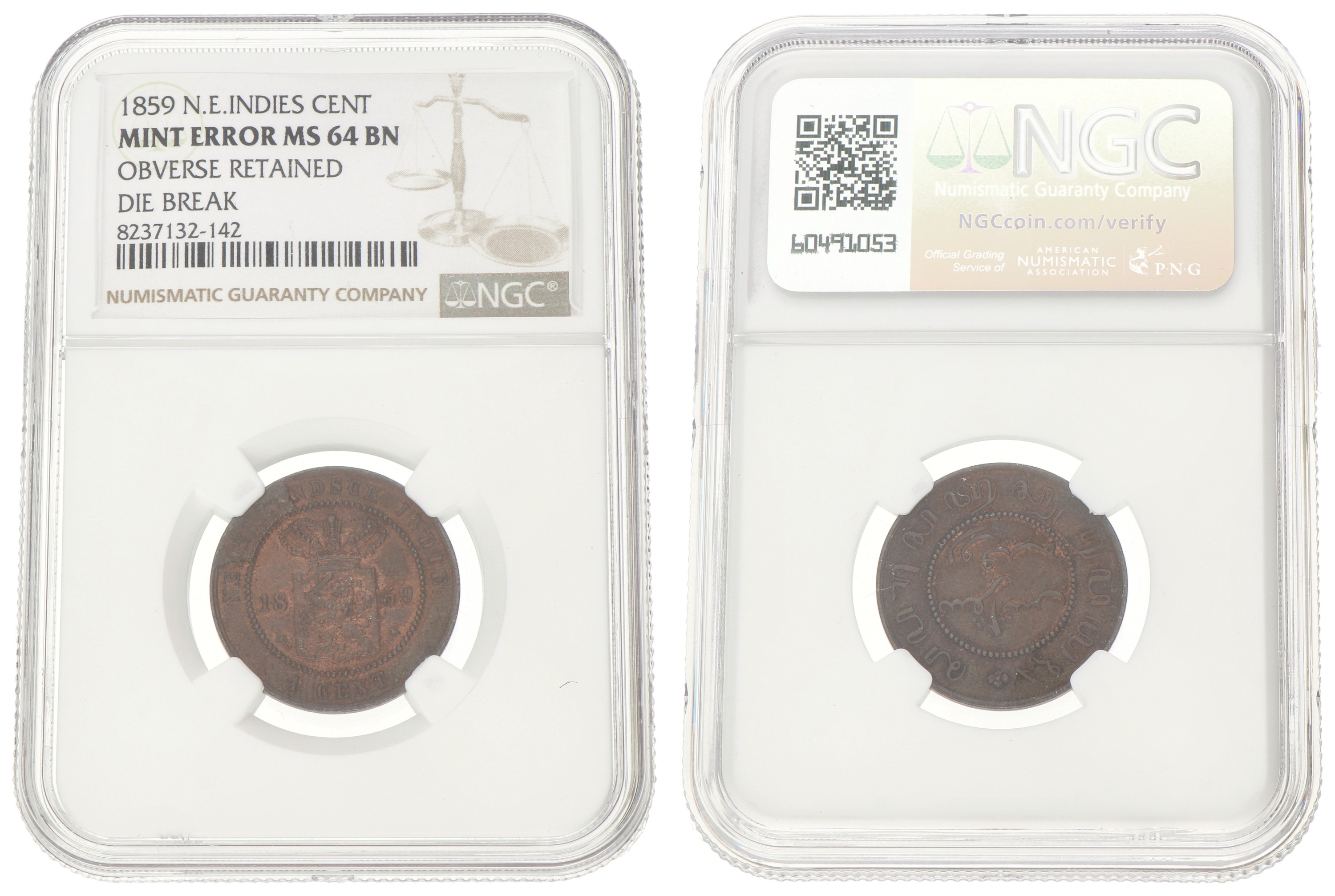 ½ Cent. Nederlands-Indië. Willem III. Obverse Retained Die Break. 1859. MS 64