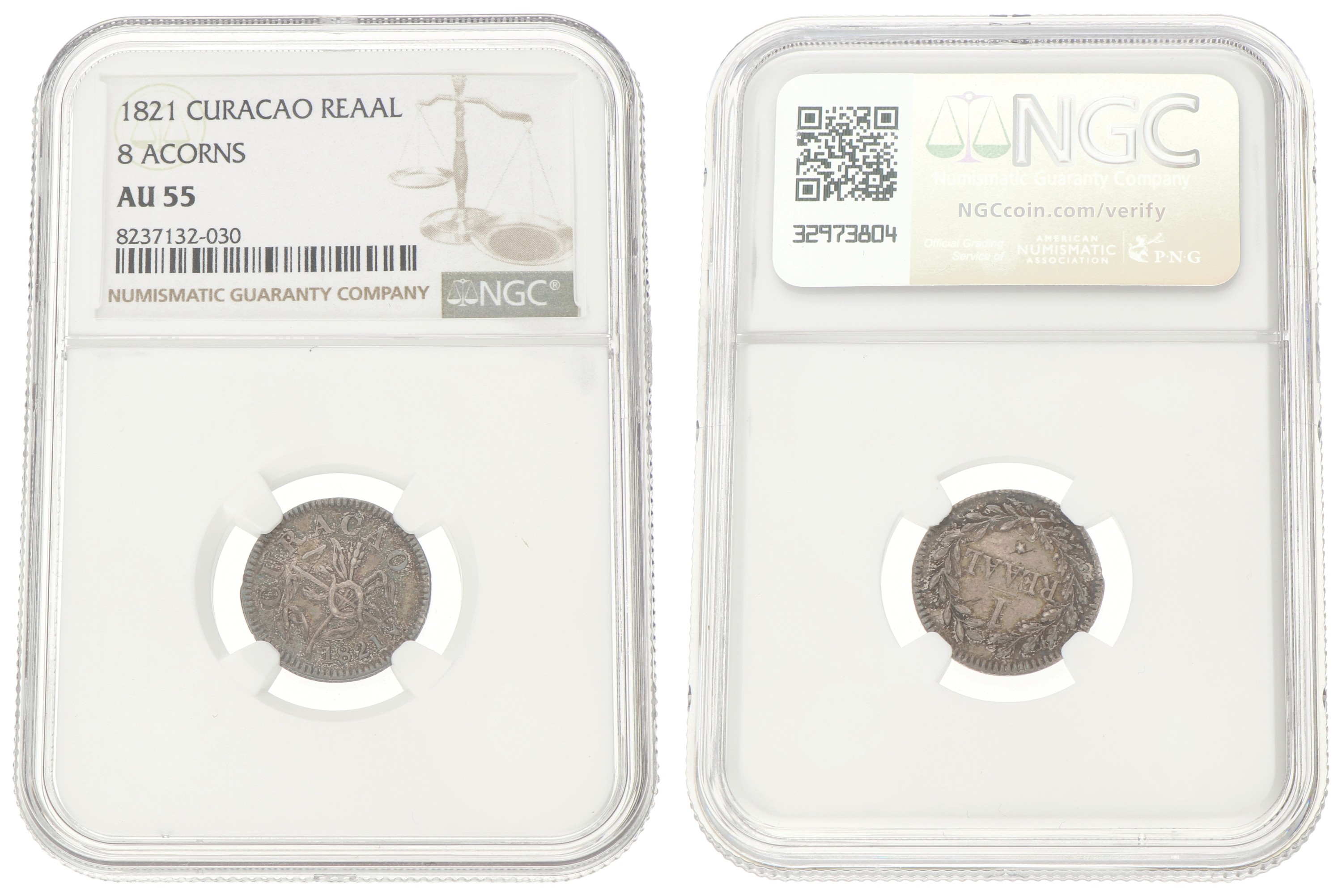 1 Reaal - 8 Acorns. Curaçao. Willem I. 1821. AU 55