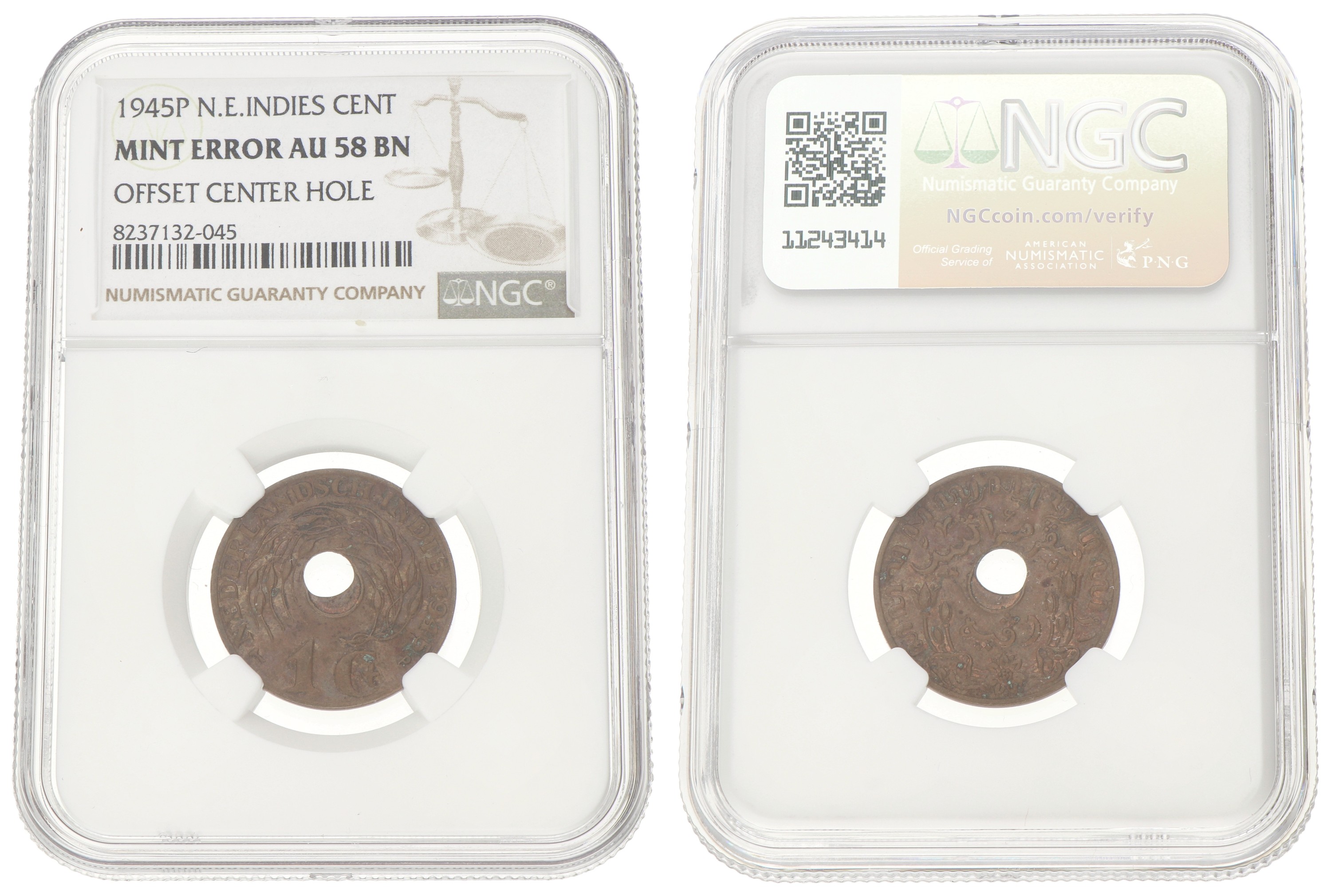 1 Cent. Offset center hole. Nederlands-Indië. Wilhelmina. 1945P. AU 58