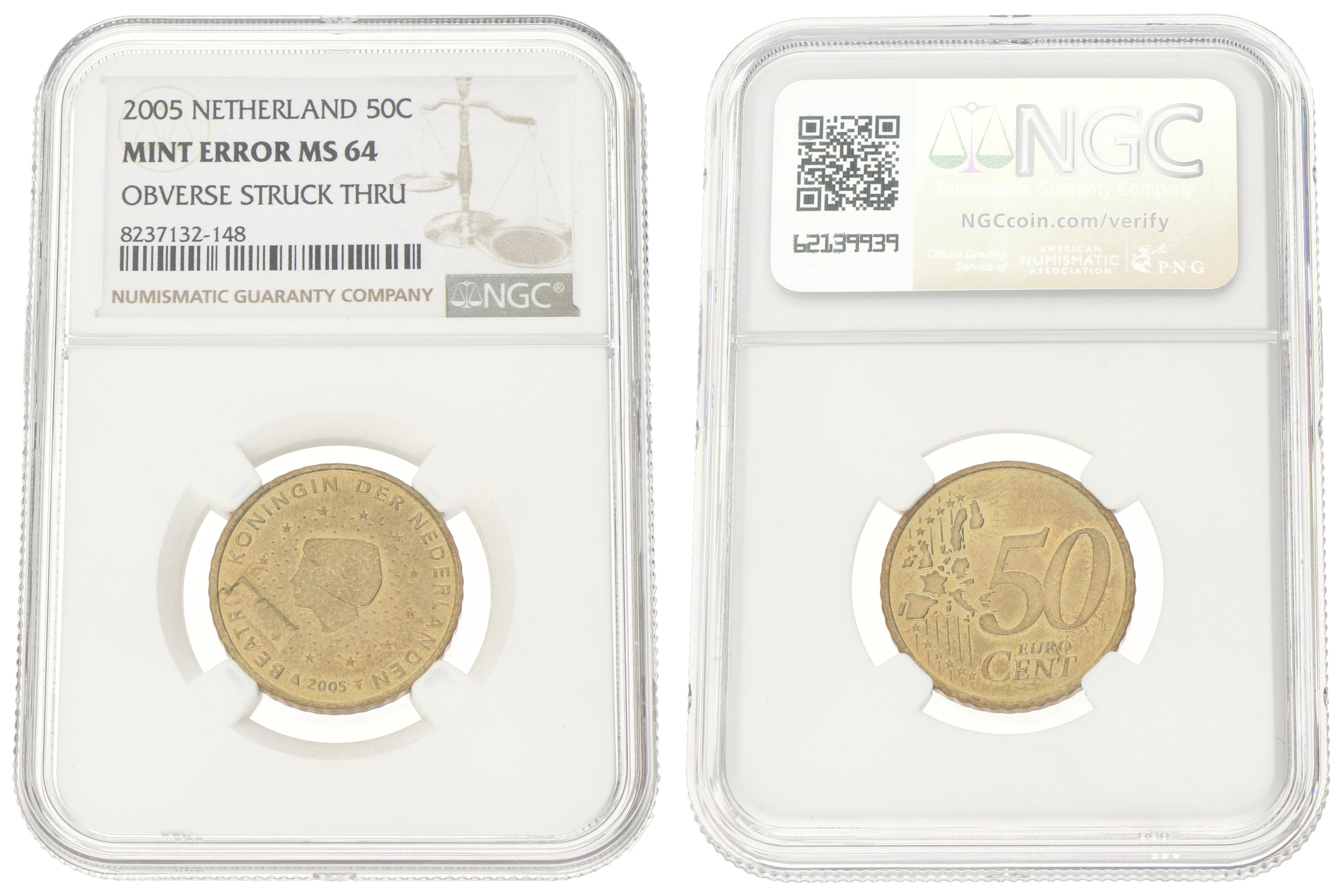 50 cent. Beatrix. Obverse Struck Through. 2005. MS 64.