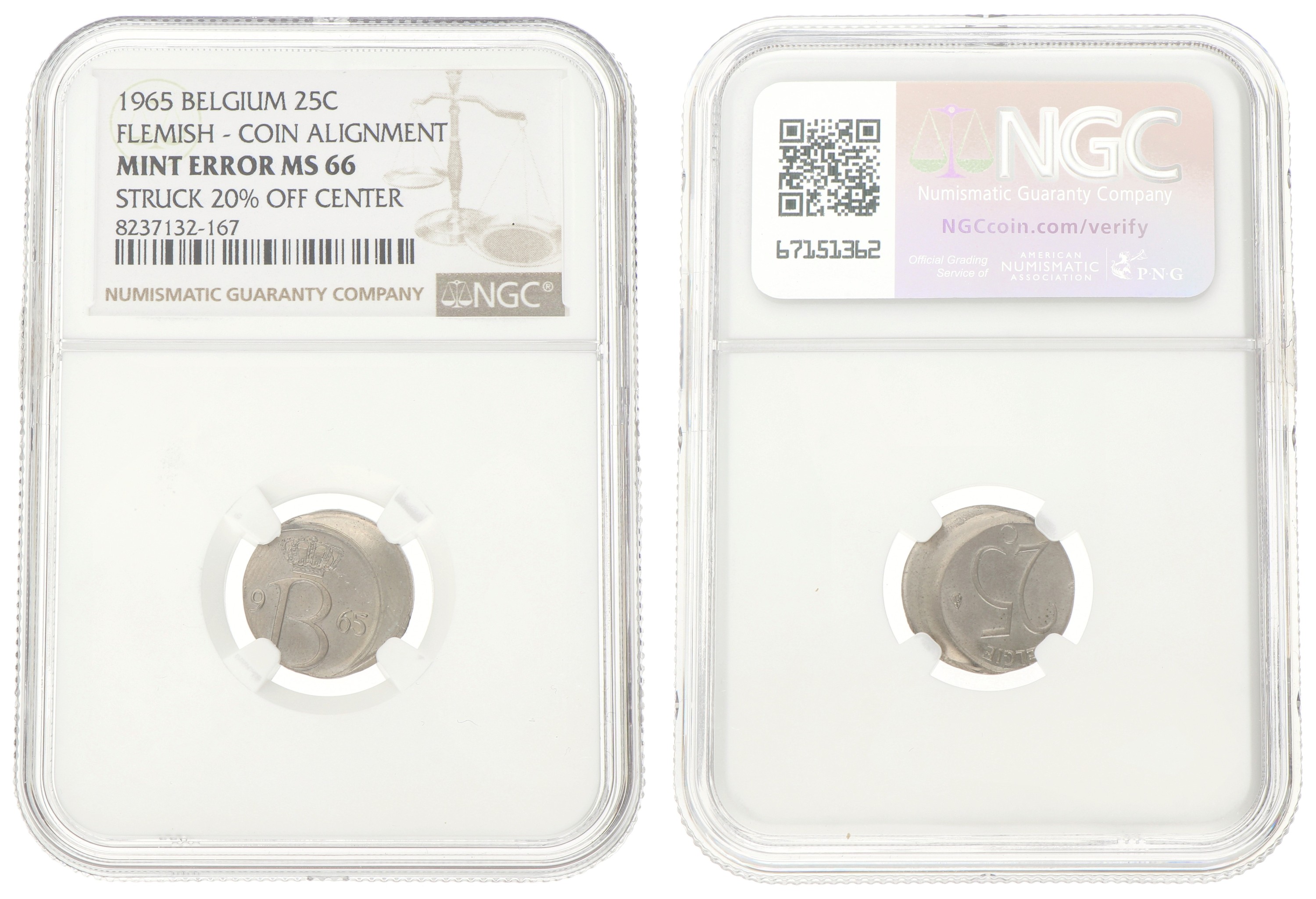 Belgium. 25 Centimes - Mint error. 1965. MS 66