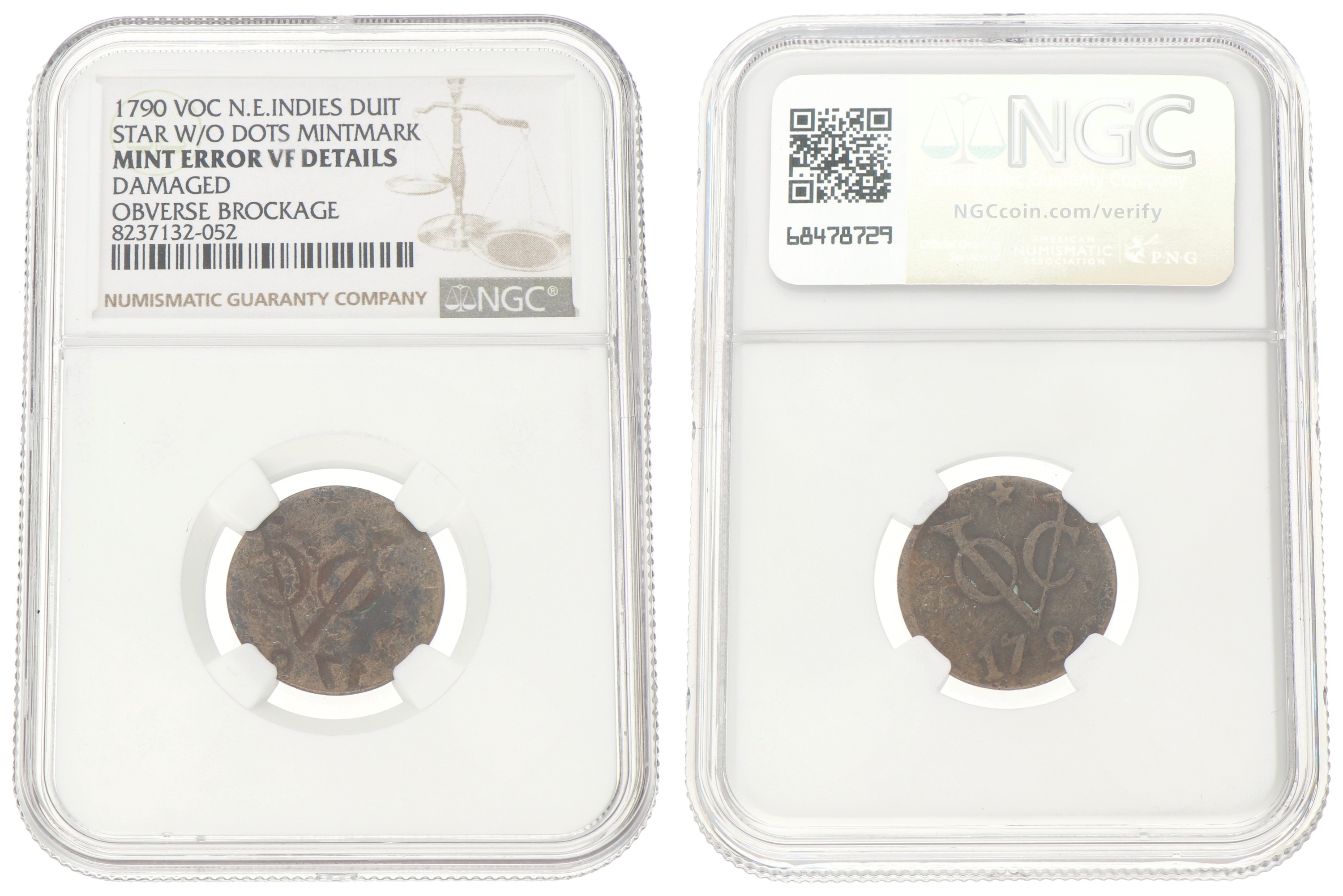 Duit - Mint error. V.O.C. 1790 Mmt Star w/o dots. VF details