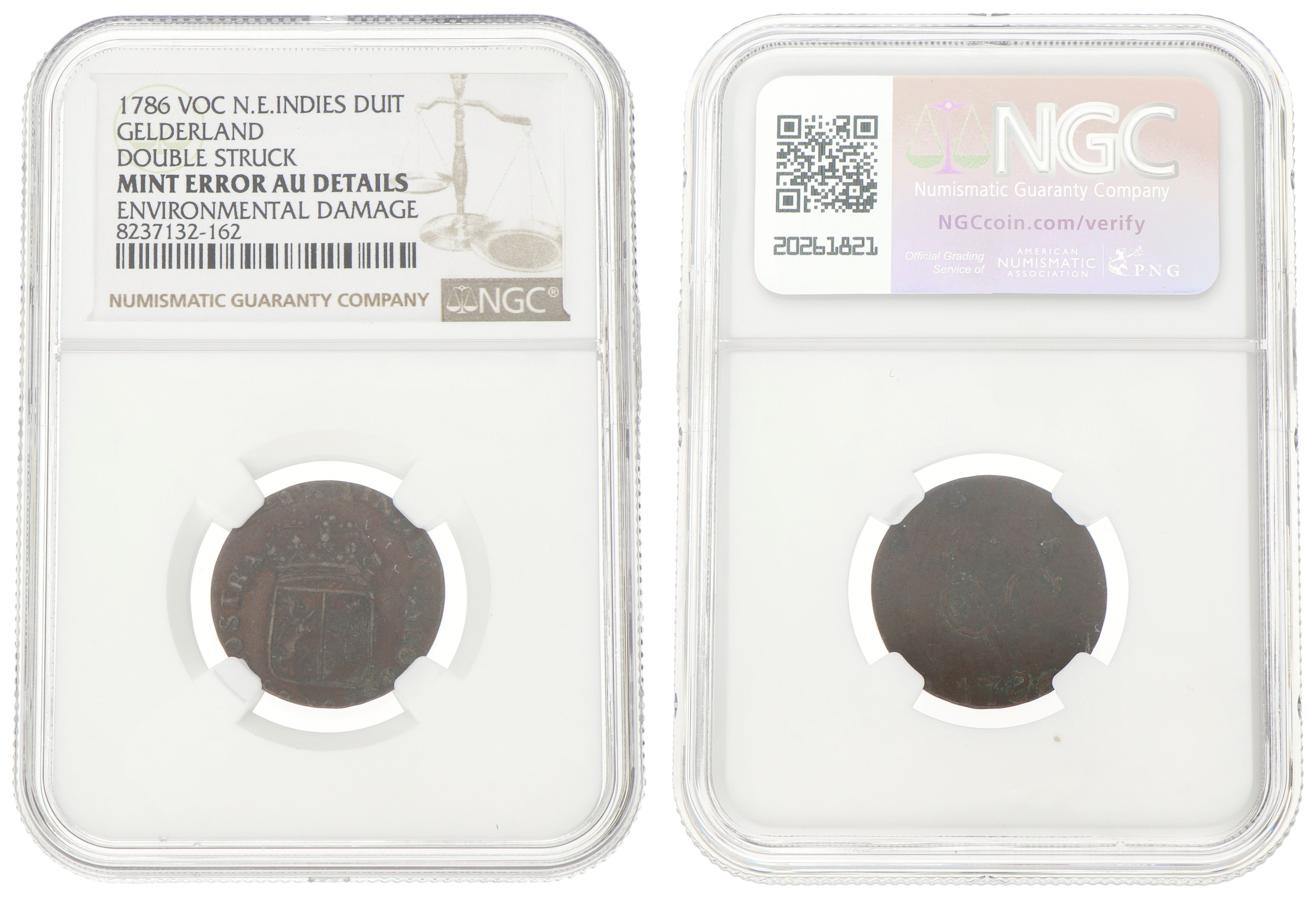 Duit - Mint error. V.O.C. (Gelderland). 1786. AU details