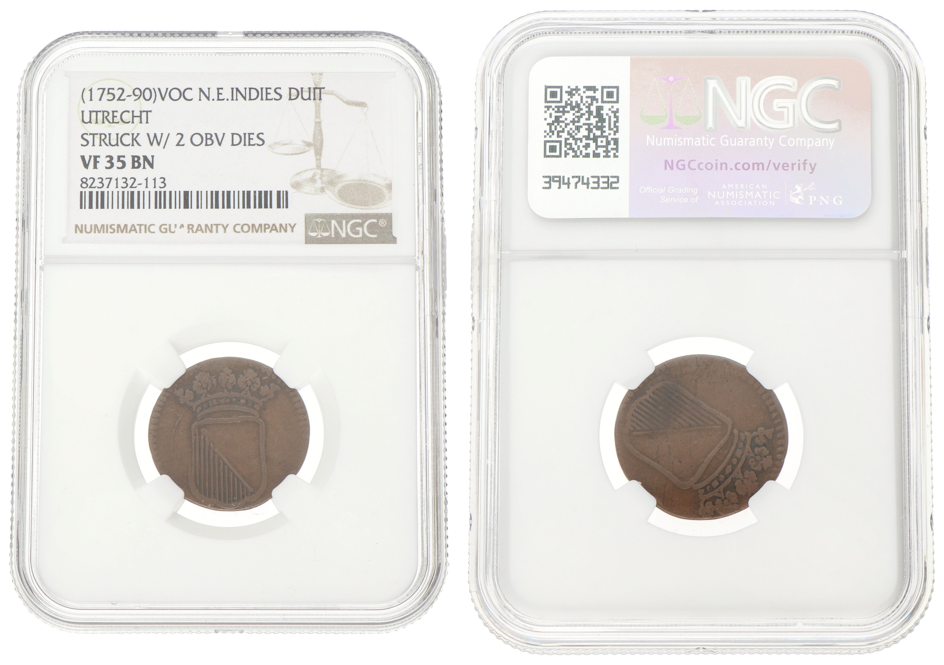 Duit - Mint error. V.O.C. (Utrecht). ND (1752 - 1790). VF 35 BN.