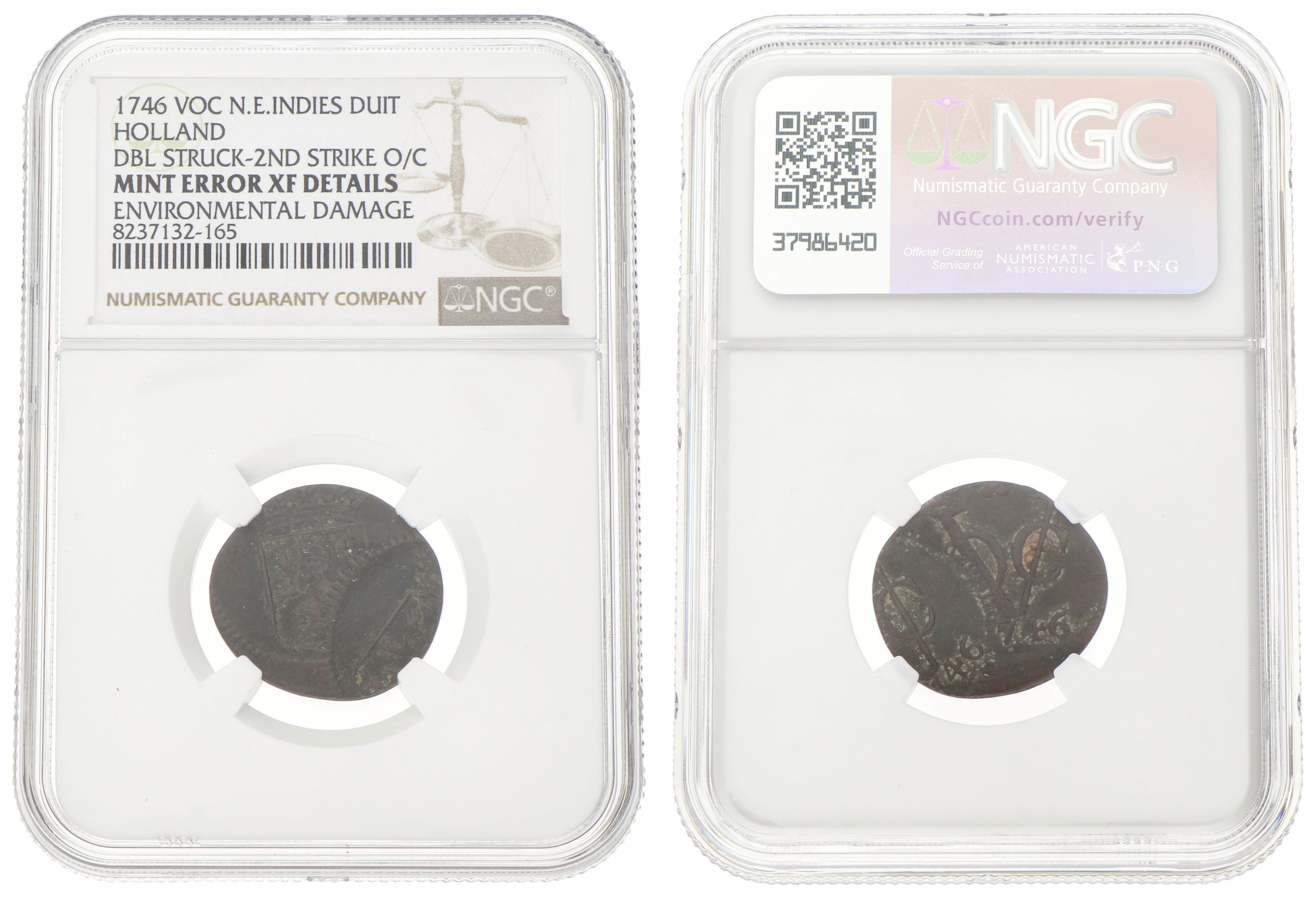 Duit - Mint error. V.O.C. (Holland). 1746. XF details