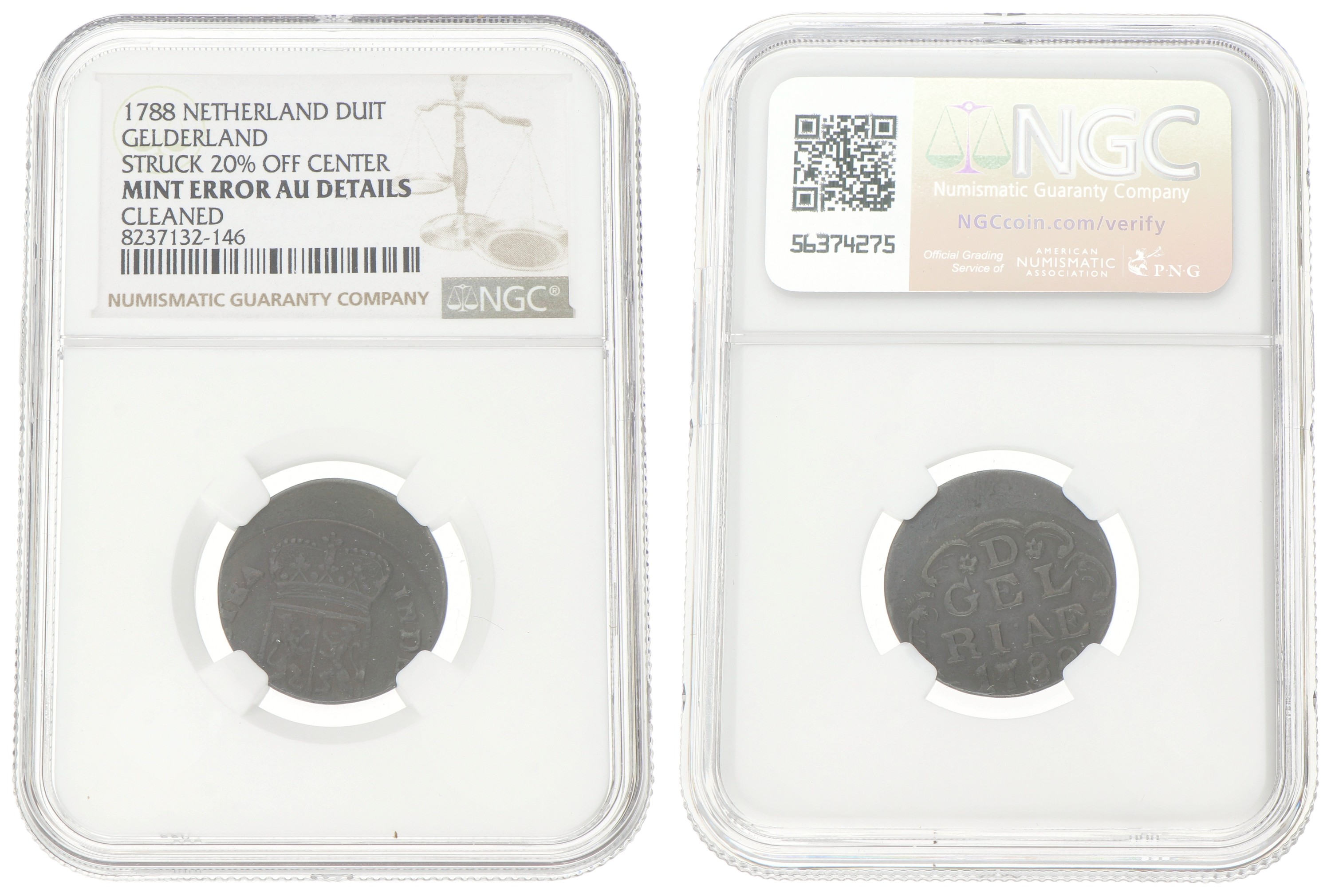 Duit - Mint error. Gelderland. 1788. AU details