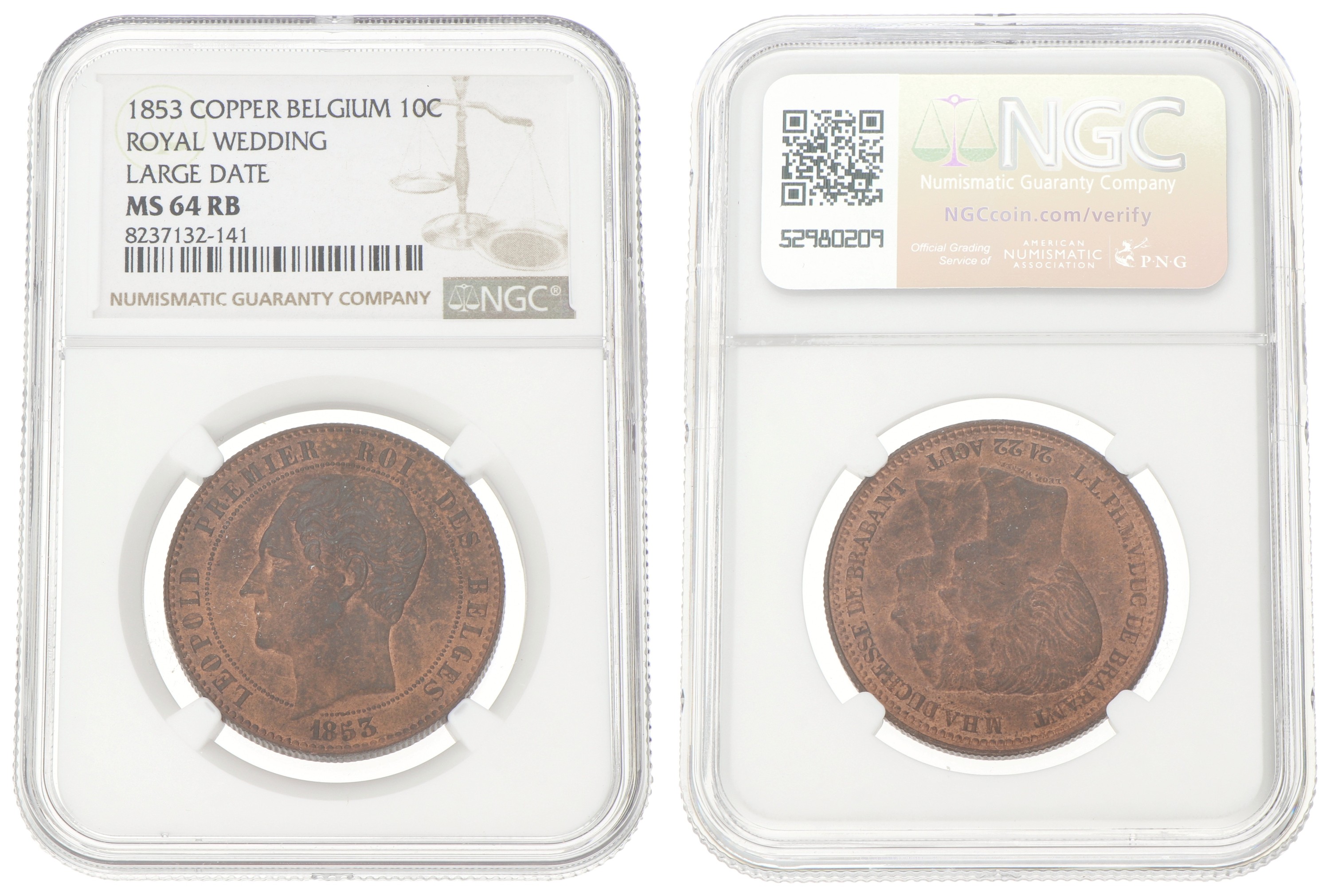 Belgium. Leopold I. 10 centimes - Mariage of the duke and duchess of Brabant. 1853 Large date. MS 64 RB