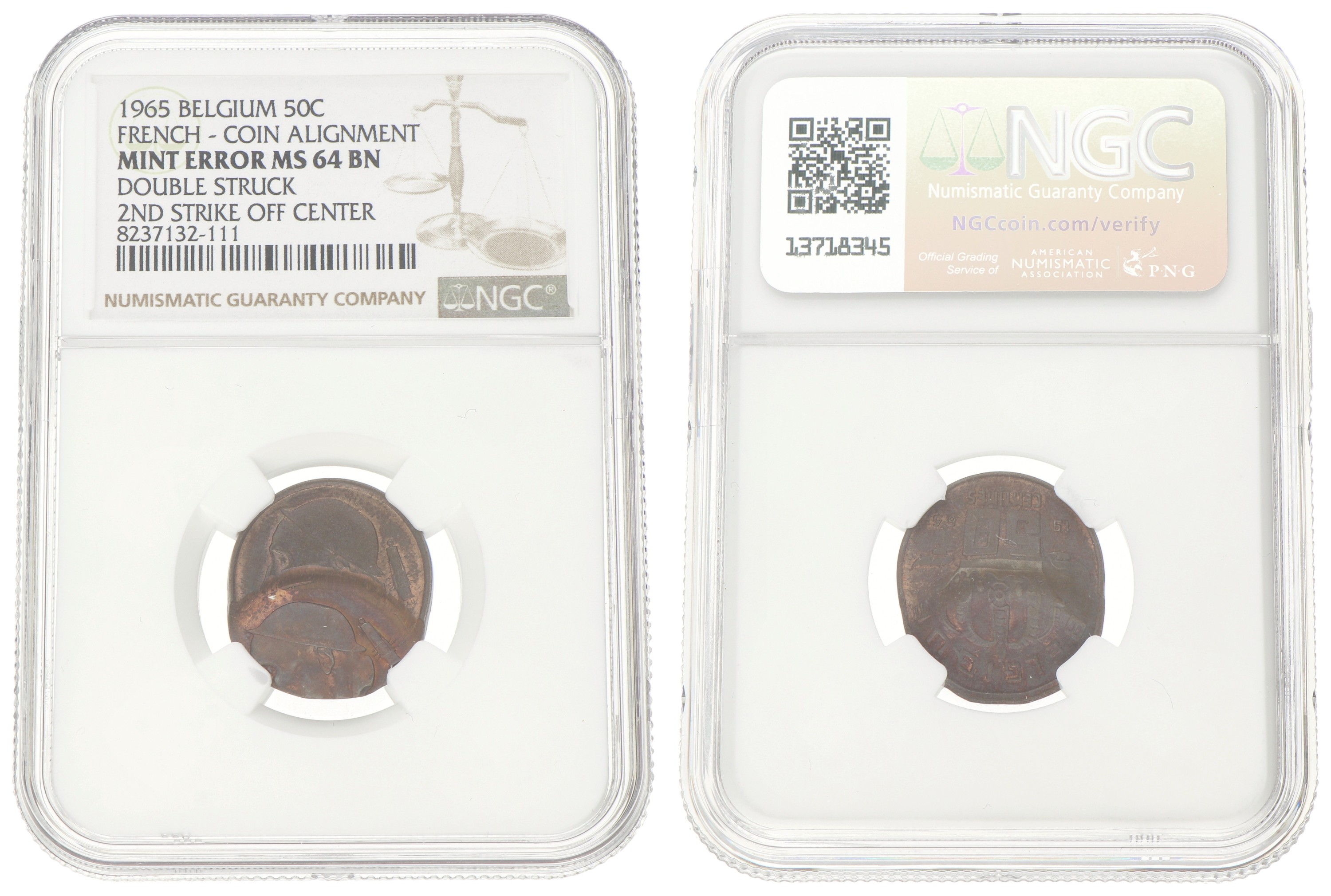Belgium. 50 Centimes - Coin alignment. Double struck. 1965 Fr. MS 64 BN