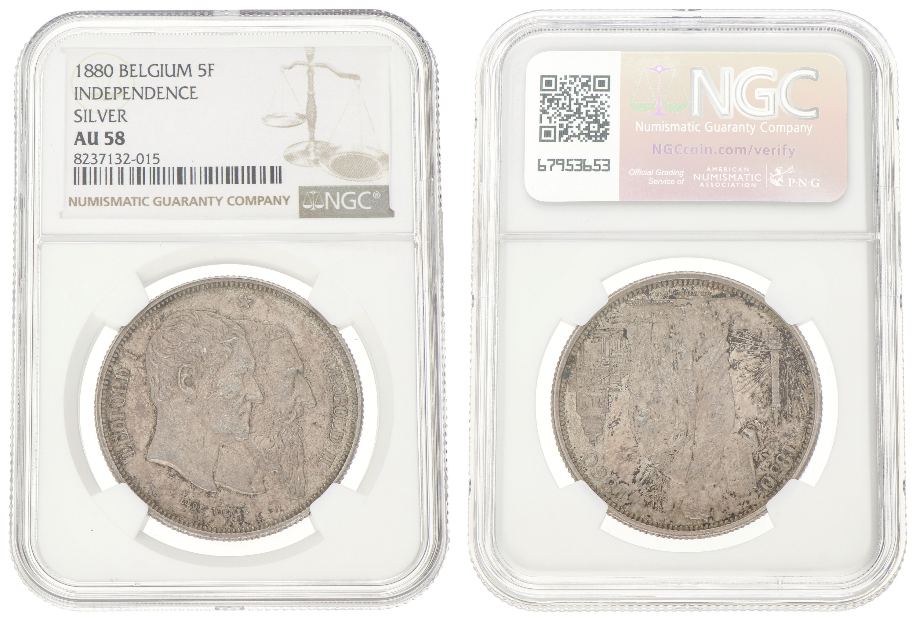 Belgium. Leopold II. 5 Francs - 50th anniversary of the Belgian Independence. 1880. AU 58