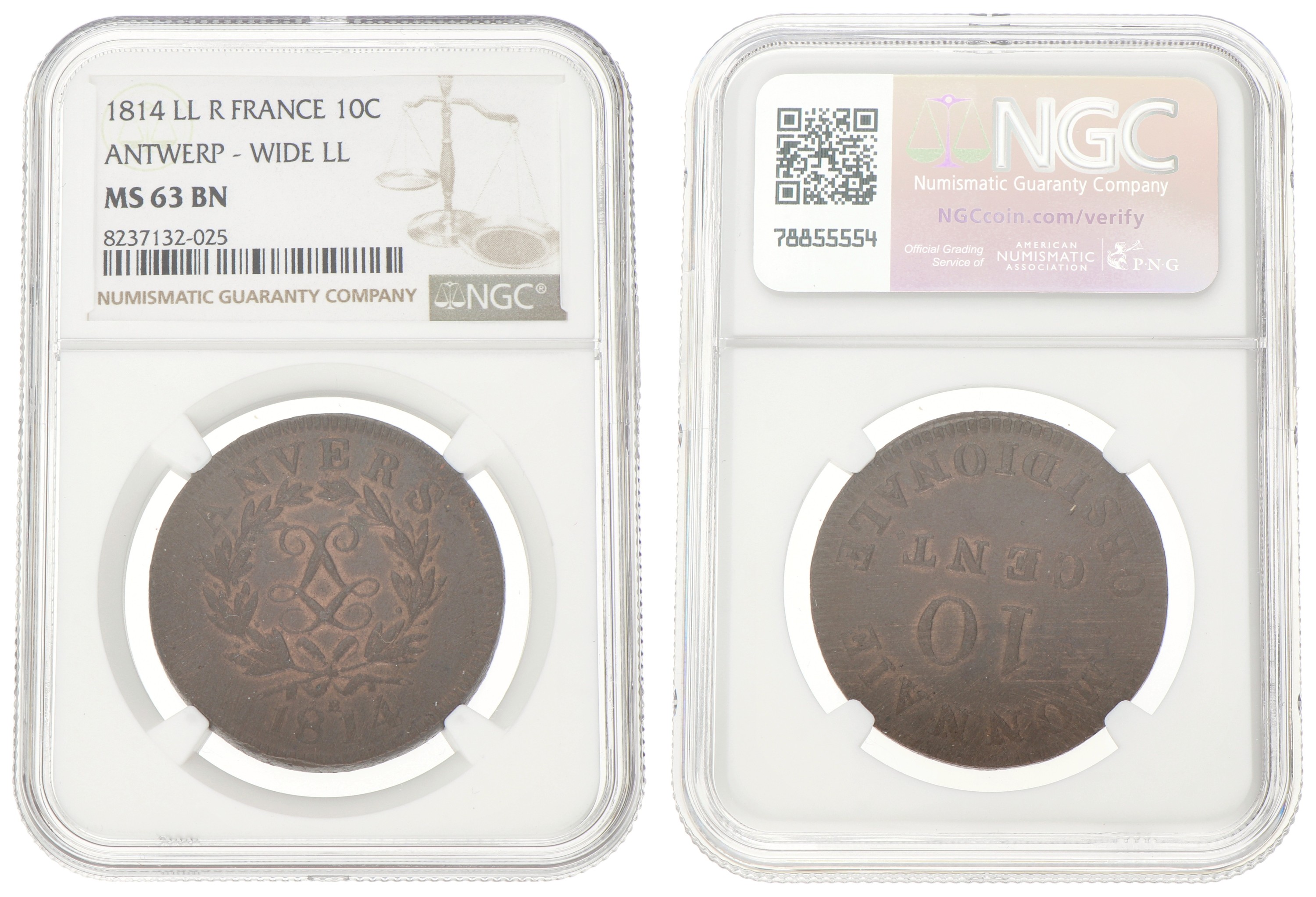 Belgium. Lodewijk XVIII. 10 Centimes - Siege of Antwerp. 1814 LL - Wide LL. MS 63 BN.