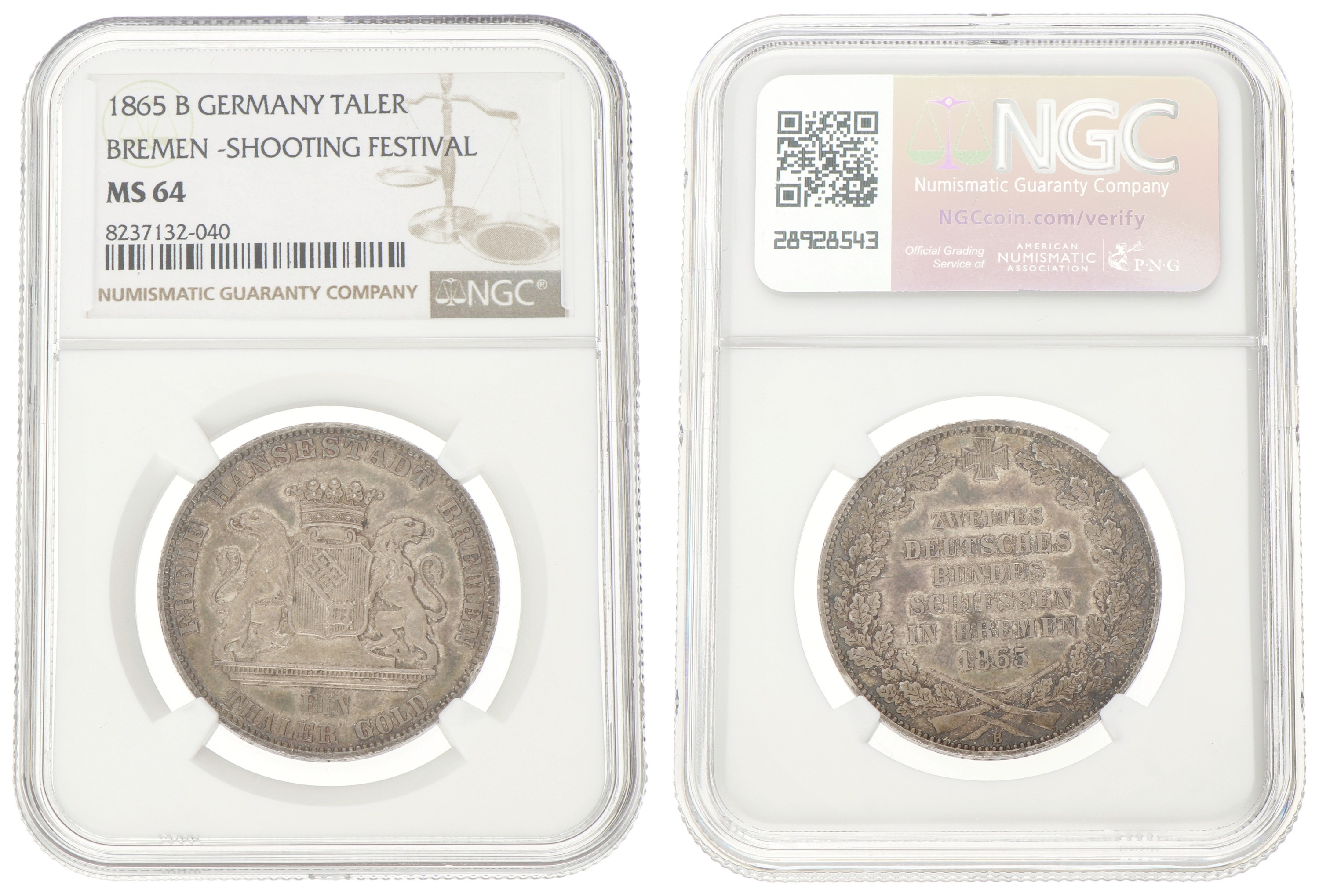 German states. Bremen. Thaler - Shooting festival. 1865 B. MS 64