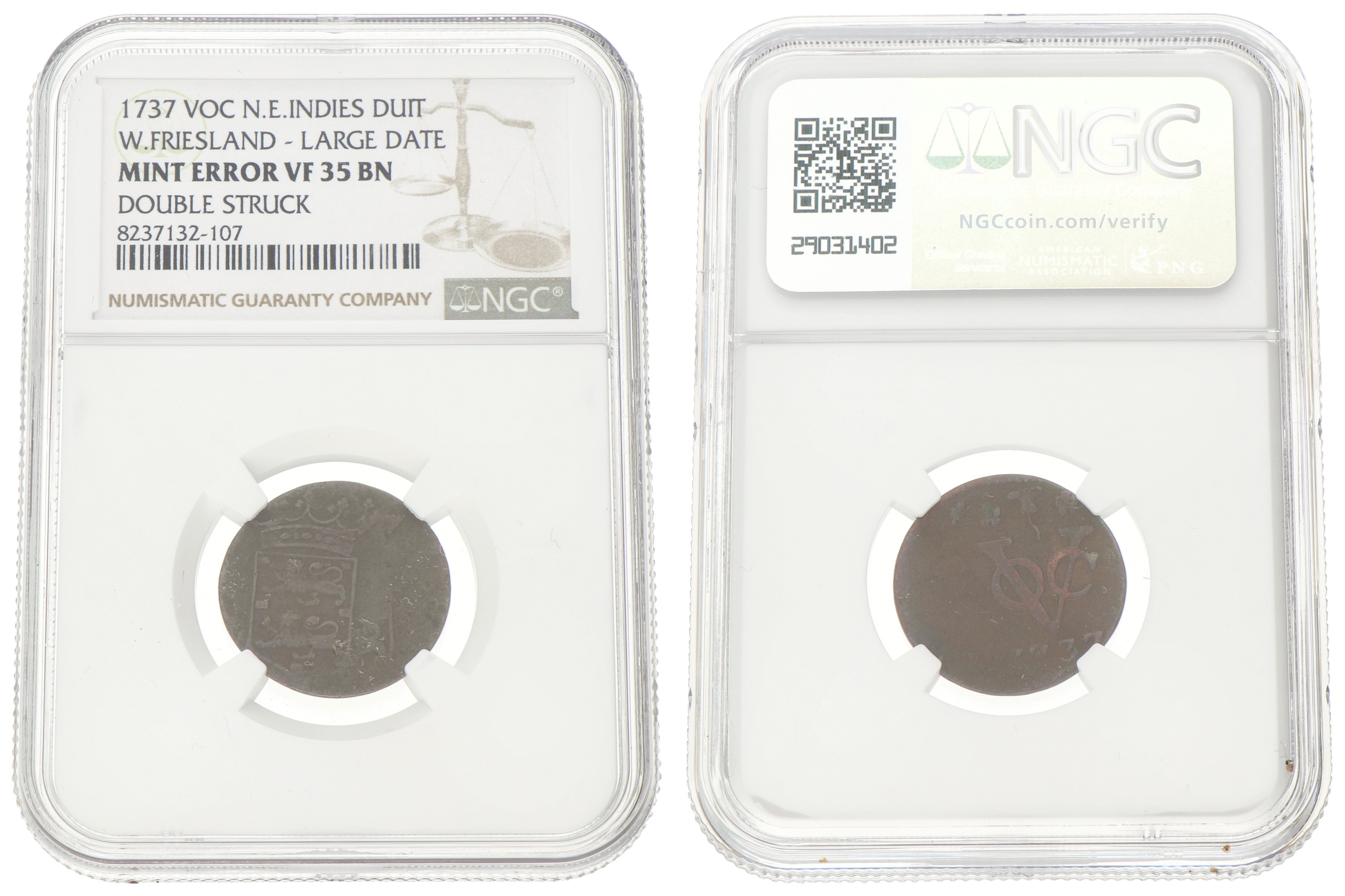 Duit - Mint error. Double struck. V.O.C. (West-Friesland). 1737. VF 35 BN