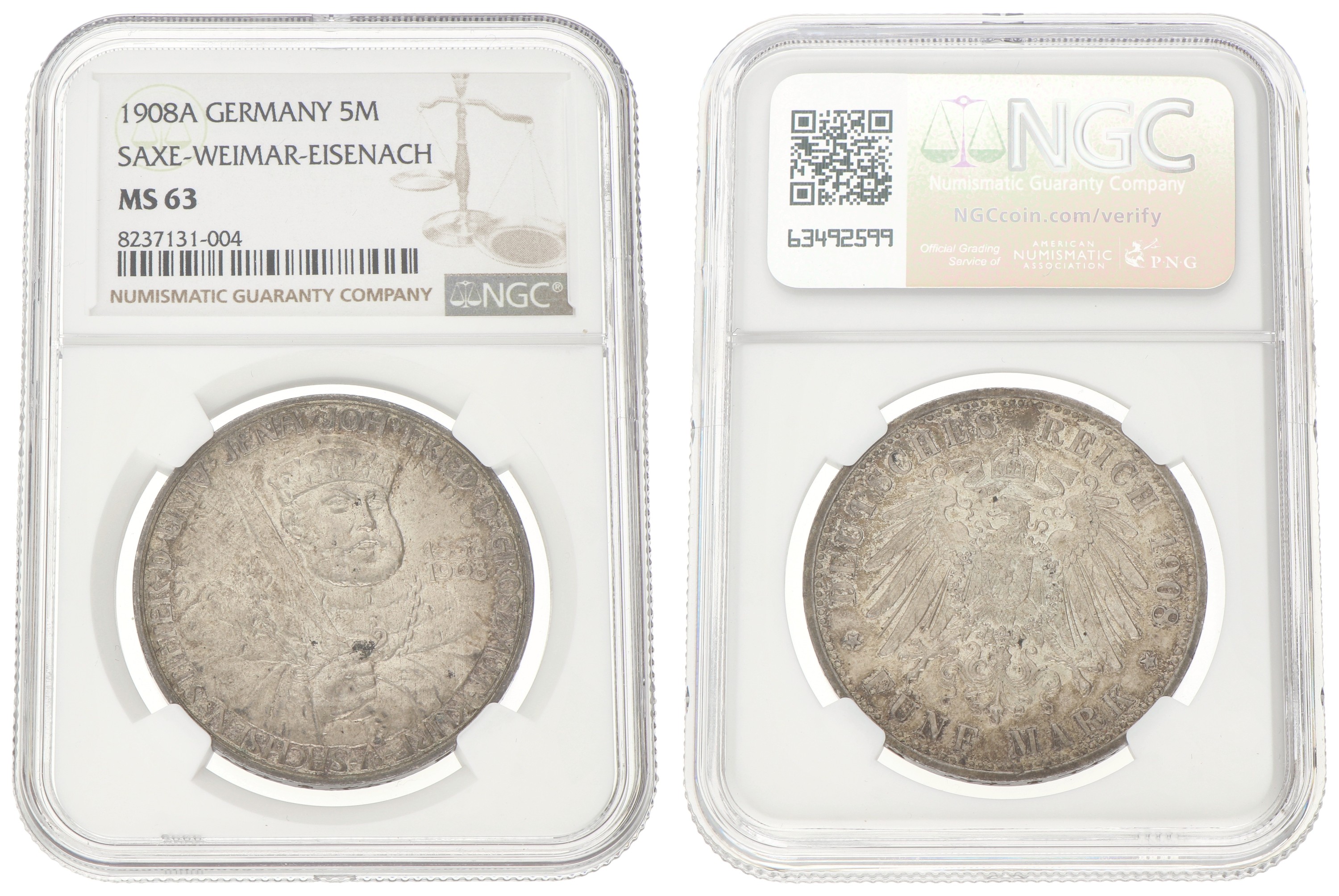 Goudwisselkantoor auction: German states. Saxe-Weimar-Eisenach. Wilhelm Ernst. 5 Mark - Jena university. 1908 A. MS 63