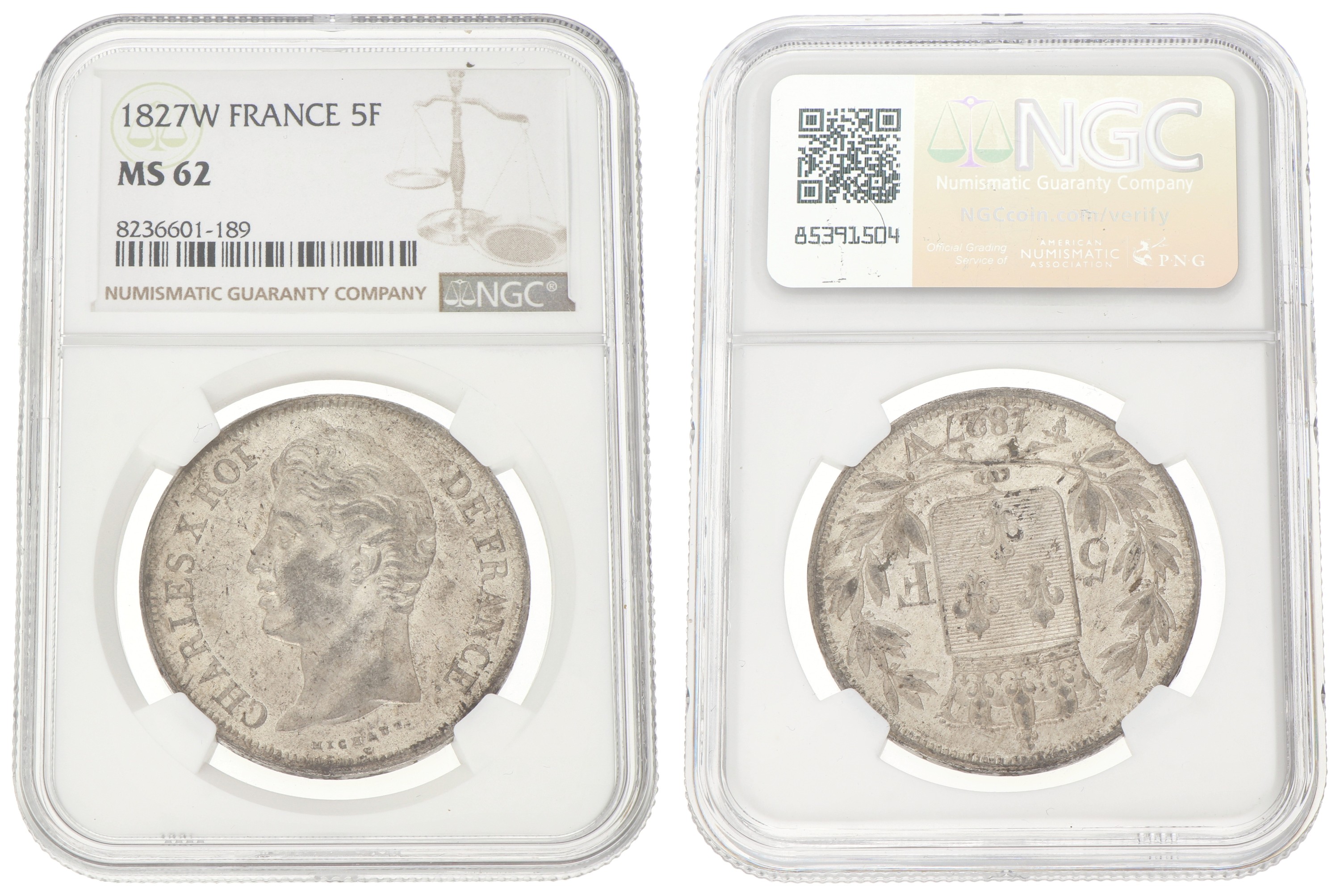 France. Second kingdom. Charles X. 5 Francs. 1827 W. MS 62