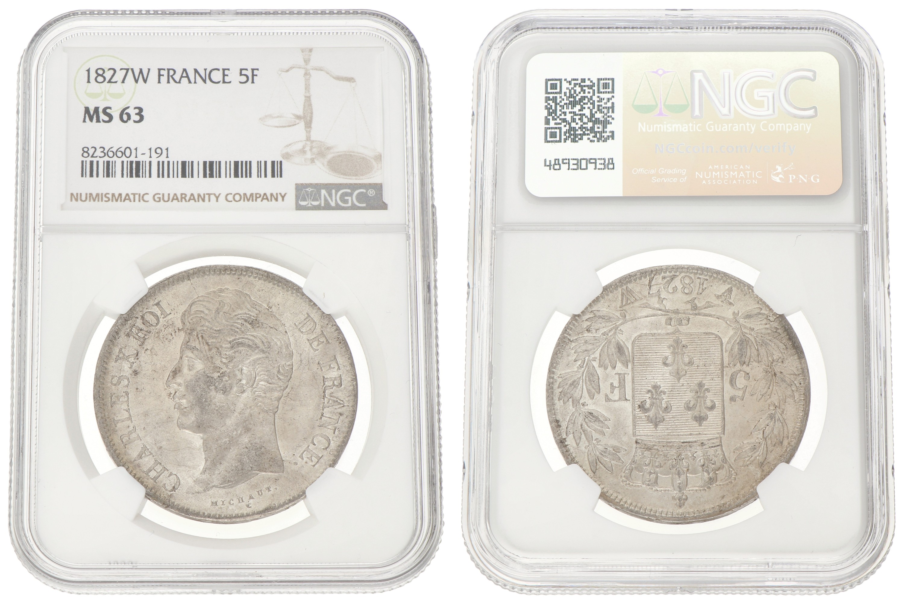 France. Second kingdom. Charles X. 5 Francs. 1827 W. MS 63