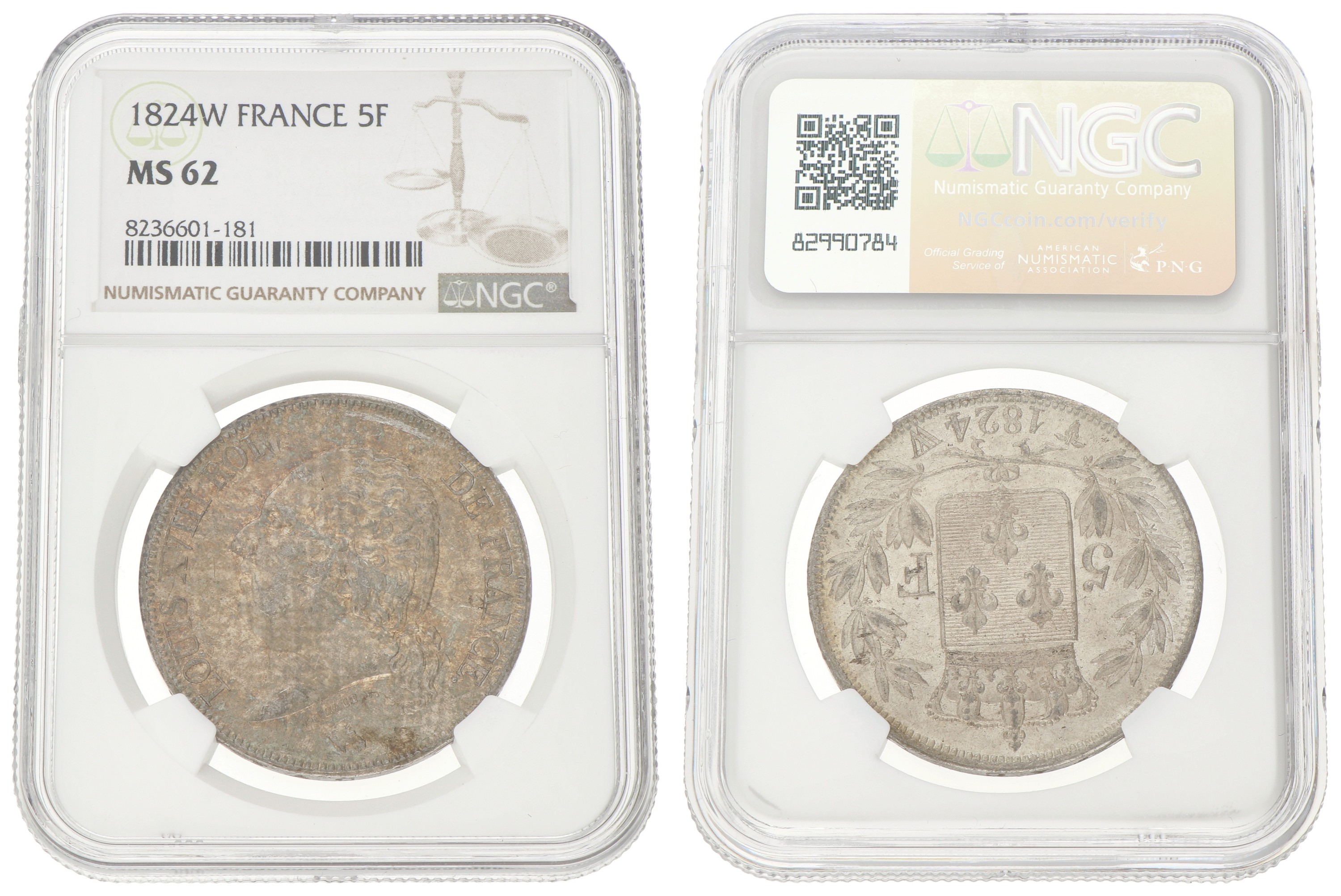 France. Second kingdom. Louis XVIII. 5 Francs. 1824 W. MS 62