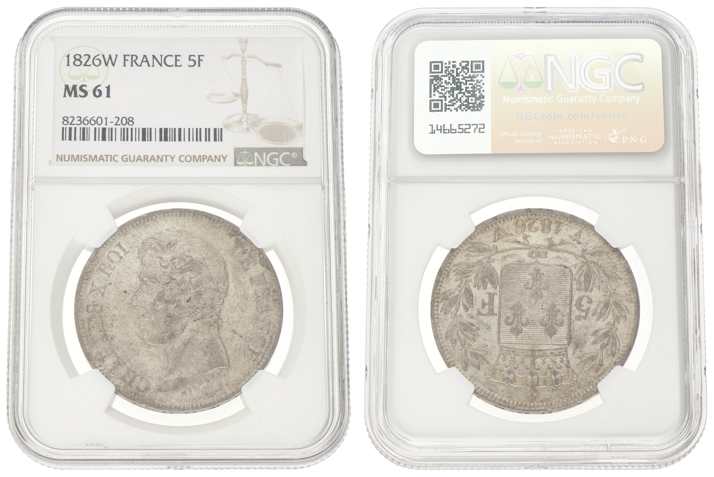France. Second Kingdom. Charles X. 5 Francs. 1826 W. MS 61