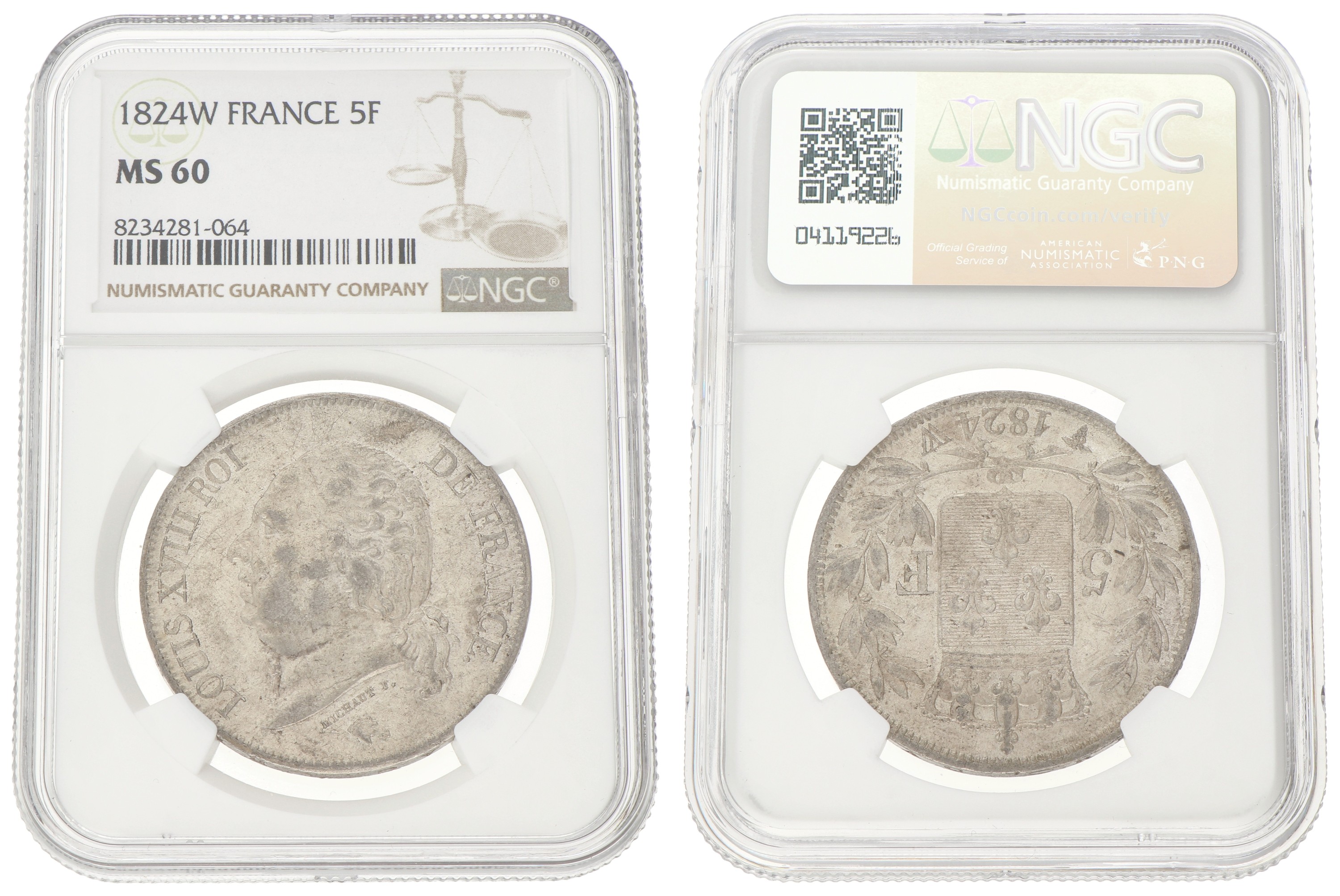 France. Second kingdom. Louis XVIII. 5 Francs. 1824 W. MS 60