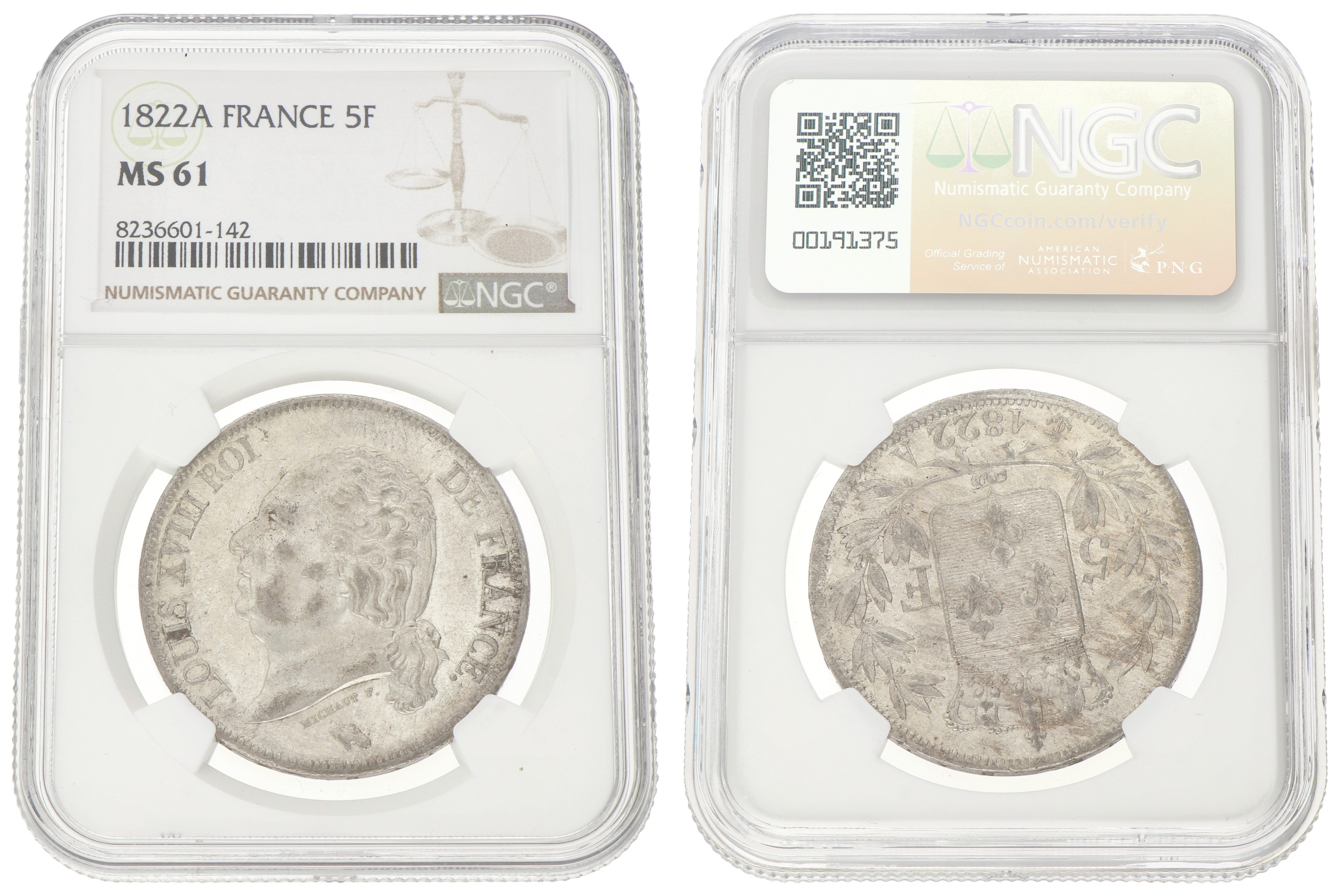 France. Second kingdom. Louis XVIII. 5 Francs. 1822 A. MS 61