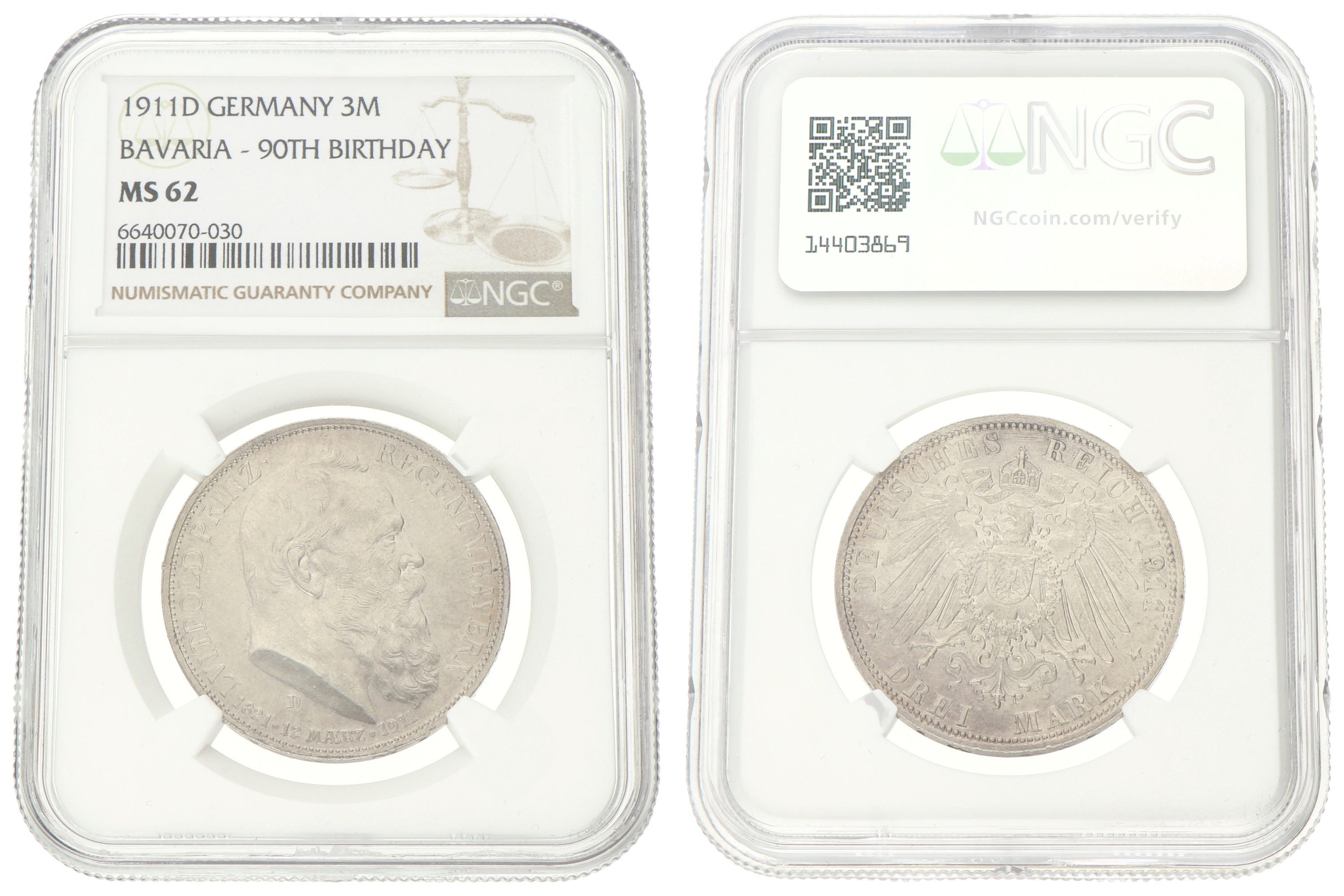 German states. Bavaria. Luitpold. 3 Mark - 90th Birthday. 1911D. MS 62