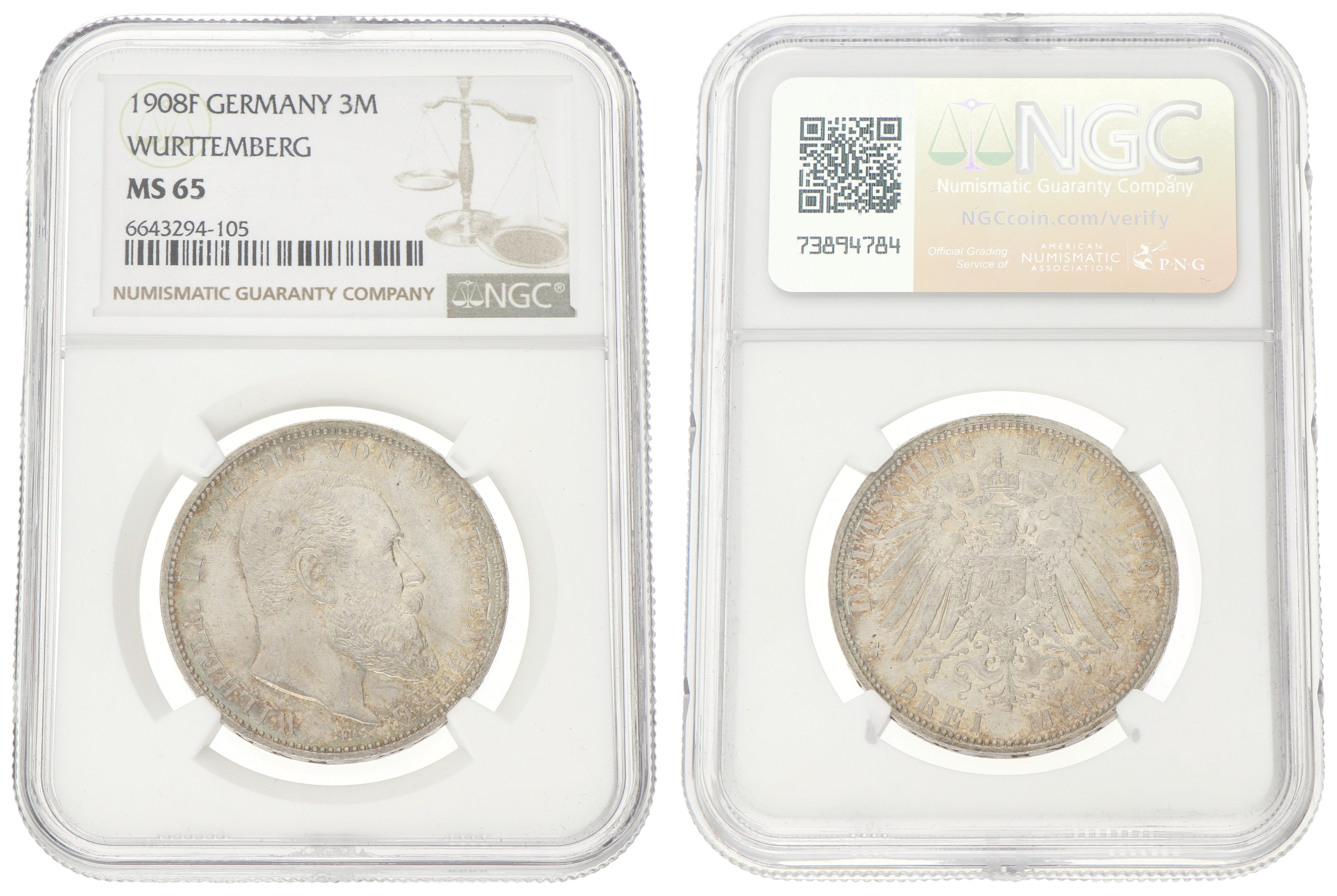 German states. Württemberg. Wilhelm II. 3 Mark. 1908 F. MS 65.
