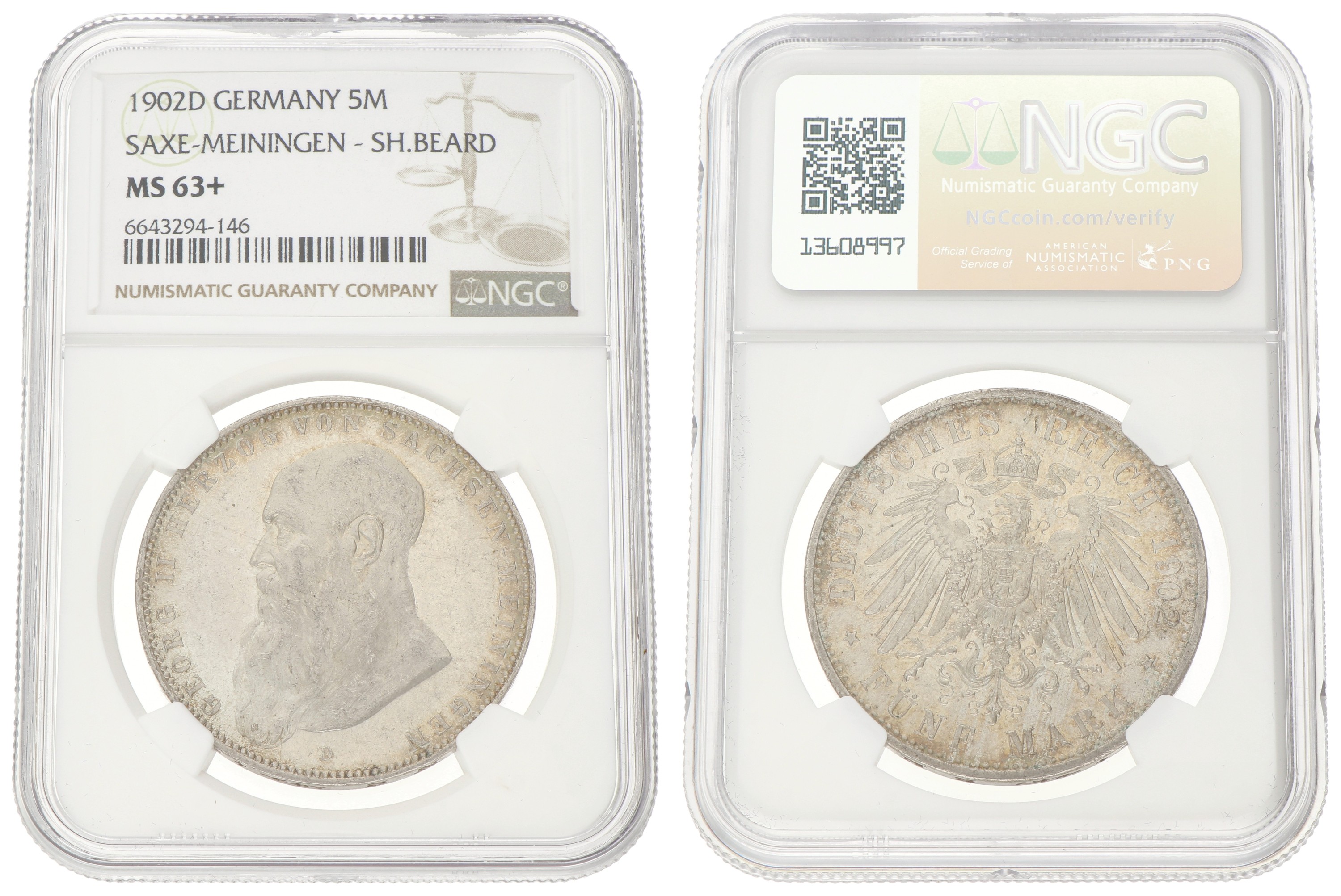 German states. Saxe-Meiningen. 5 Mark - Long beard. 1902 D. MS 63 +.