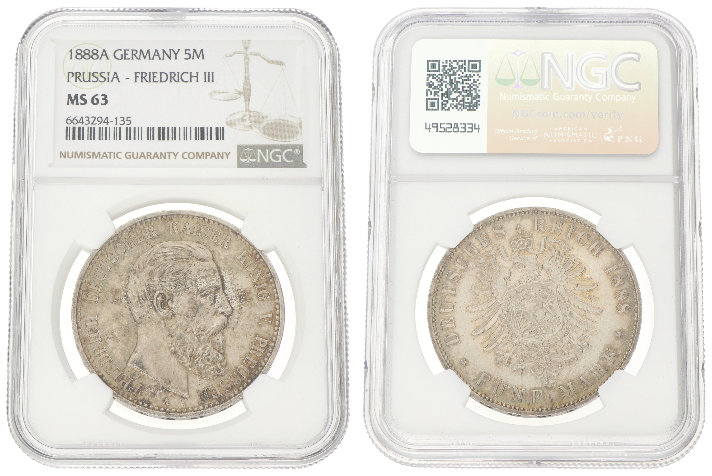 German states. Prussia. Friedrich III. 5 Mark. 1888 A. MS 63.