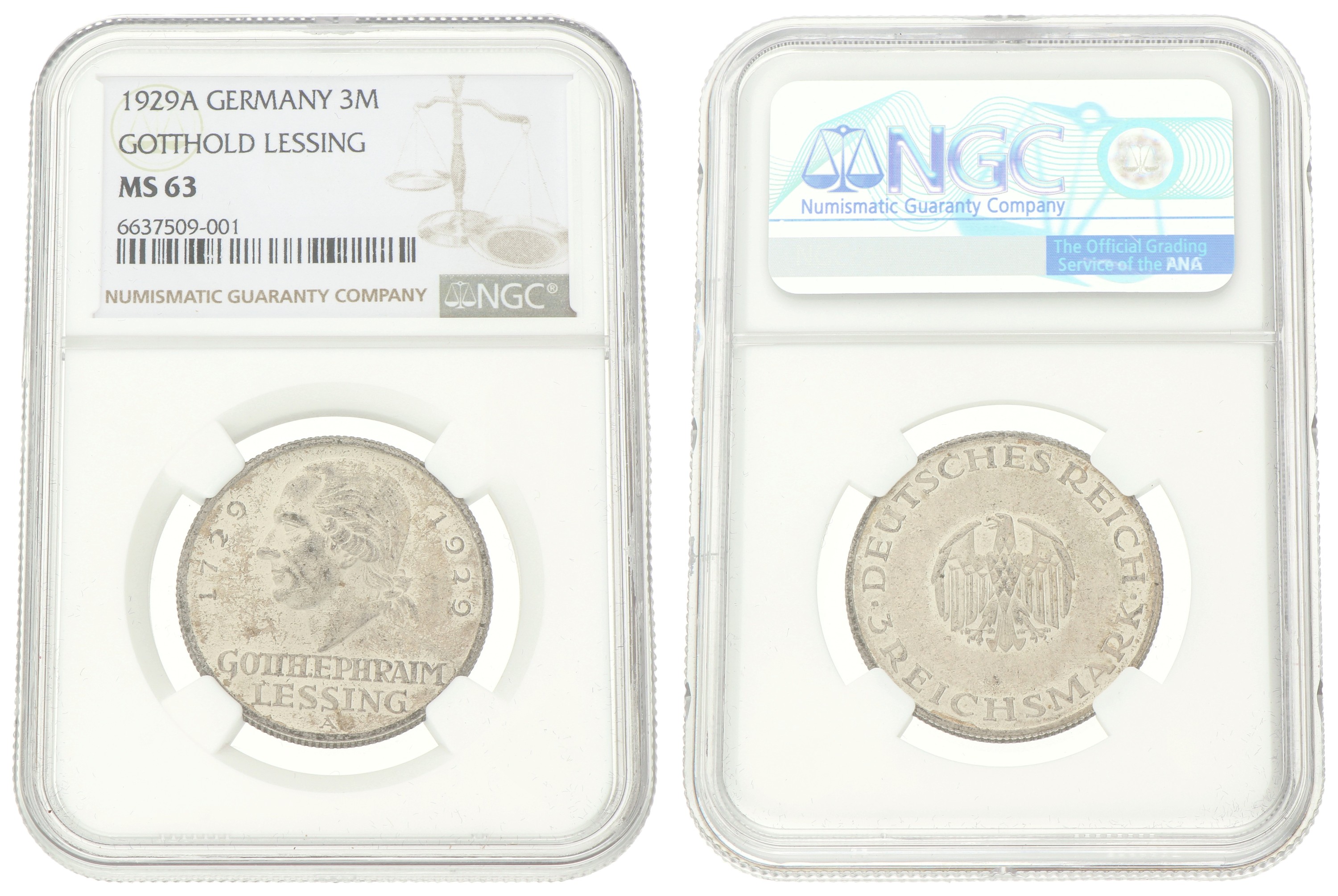 Germany. Weimar republic. 3 Mark - Gotthold Lessing. 1929 A. MS 63.