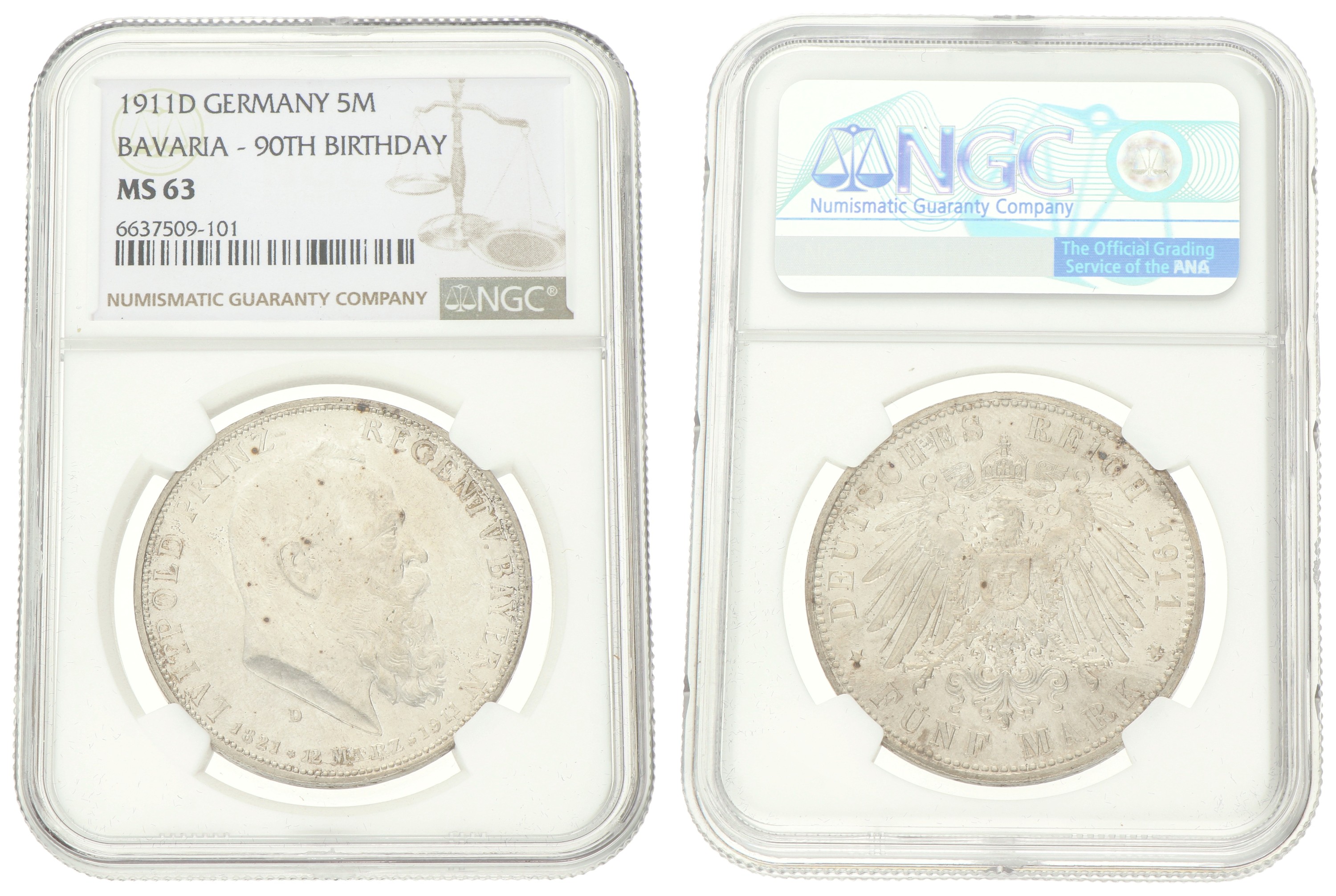 German states. Bavaria. Luitpold. 5 Mark - 90th birthday. 1911 D. MS 63.