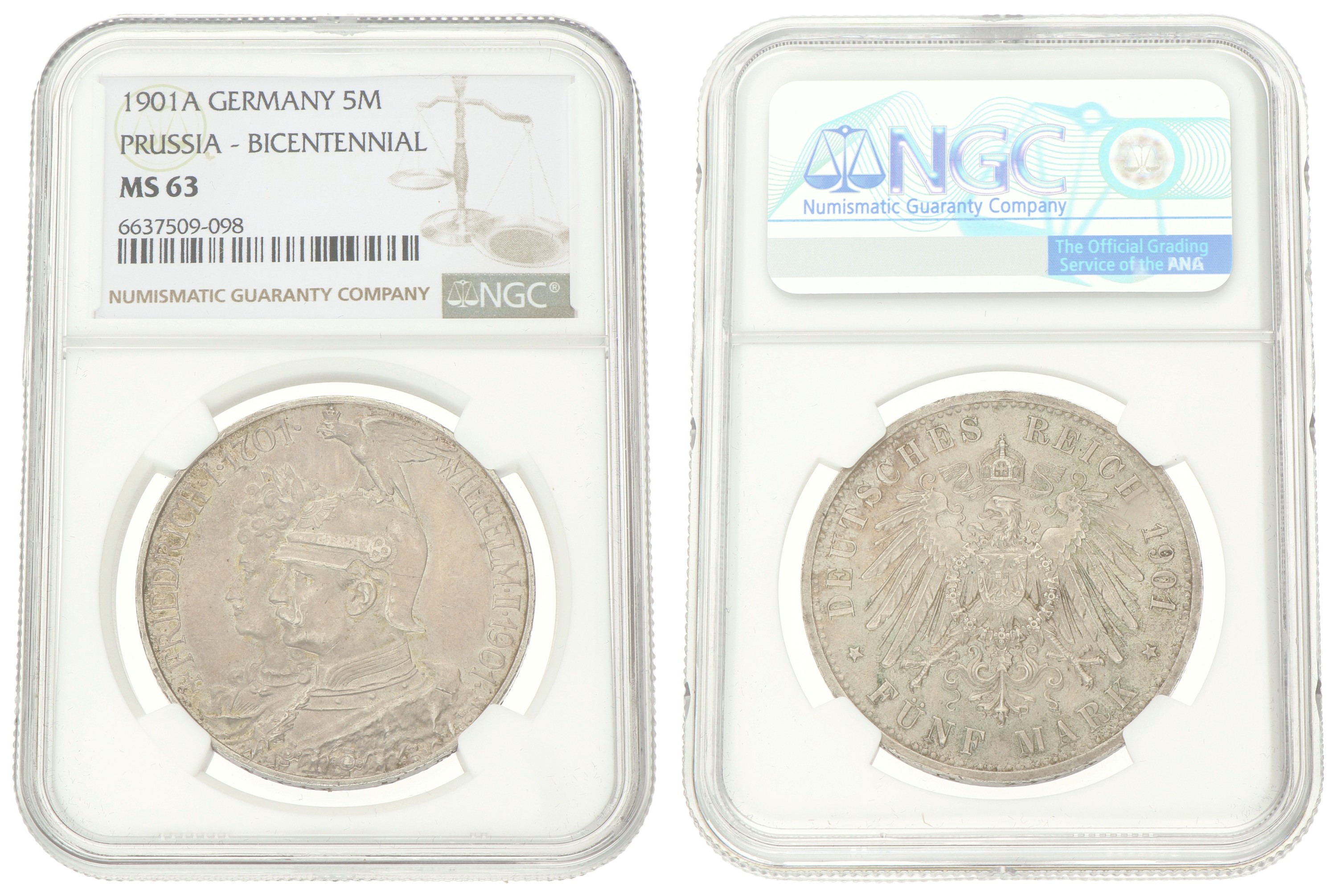 German states. Prussia. Wilhelm II. 5 Mark - 200th Anniversary of the Kingdom. 1901 A. MS 63