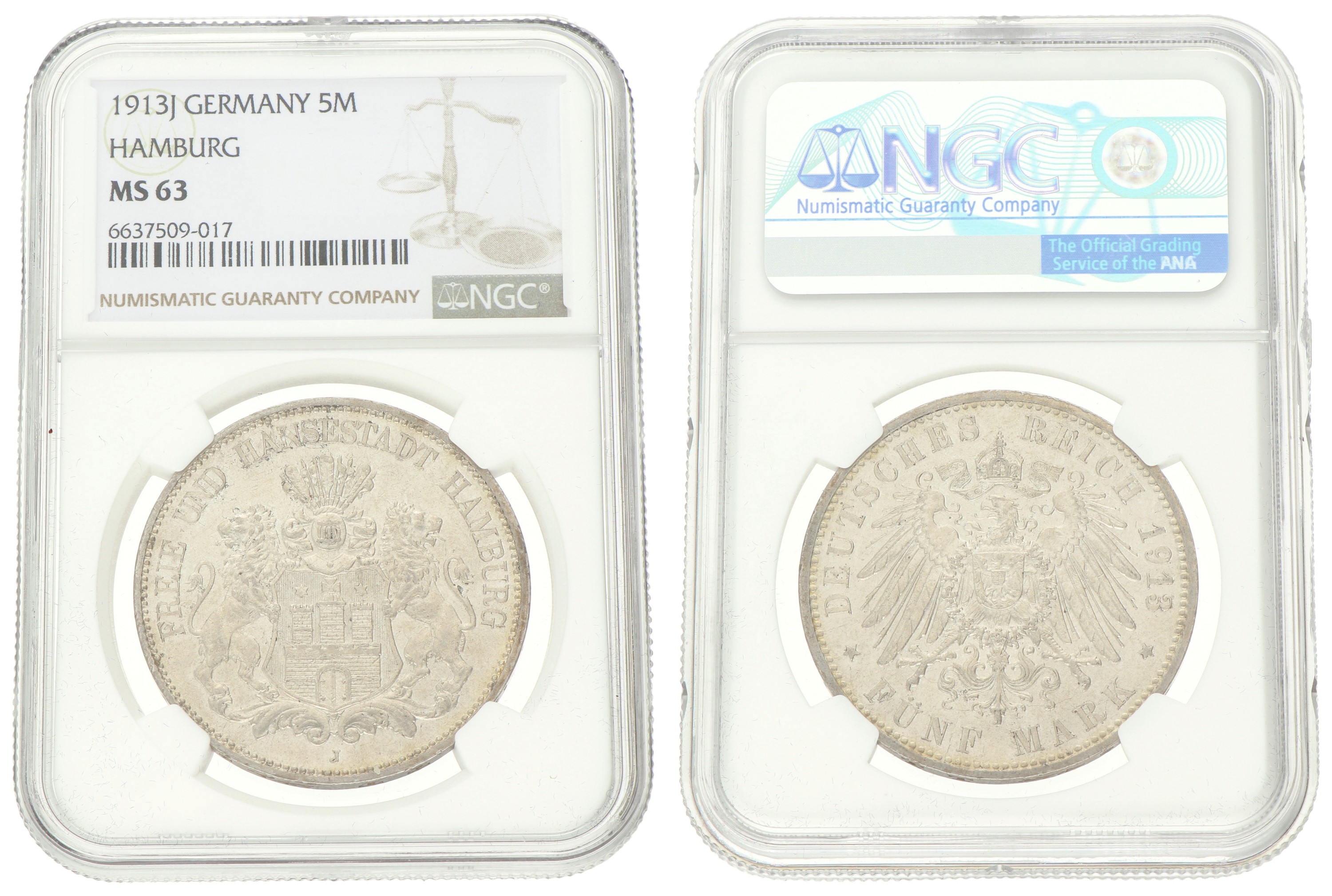 German states. Hamburg. 5 Mark. 1913 J. MS 63