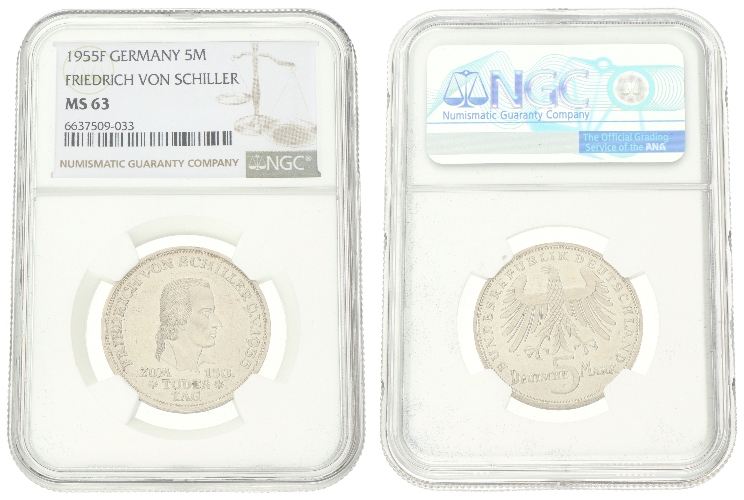 Germany. BRD. 5 Mark - Friedrich von Schiller. 1955 F. MS 63
