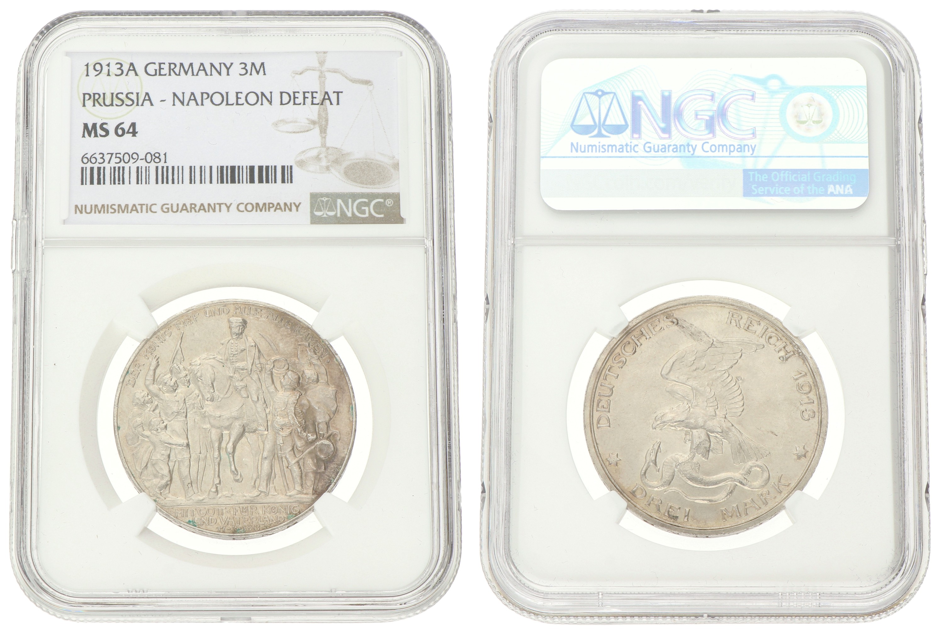 German states. Prussia. 3 Mark - Völkerschlacht centennial. 1913 A. MS 64