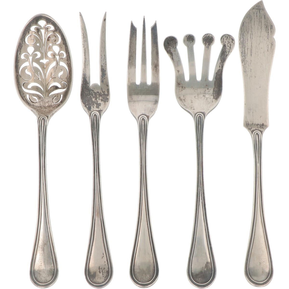 (5) delige hors d'oeuvres set zilver.