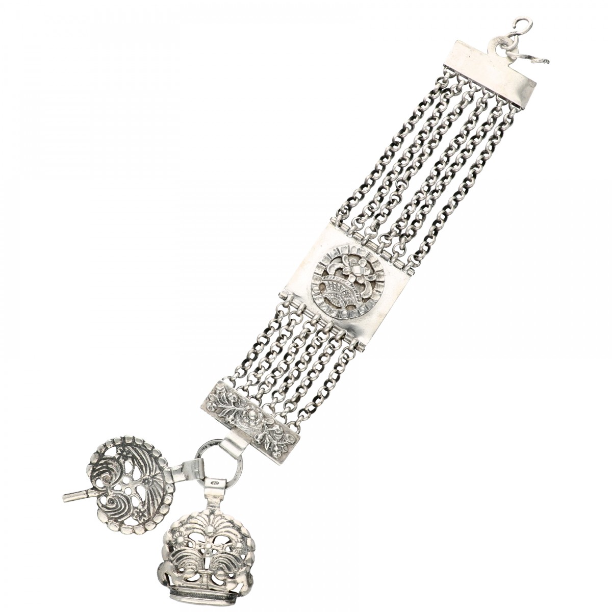 Antiek zilveren chatelaine met signet en horloge sleutel - 835/1000.