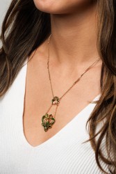 14K roségouden collier bezet met peridot, cultivé parel en emaille