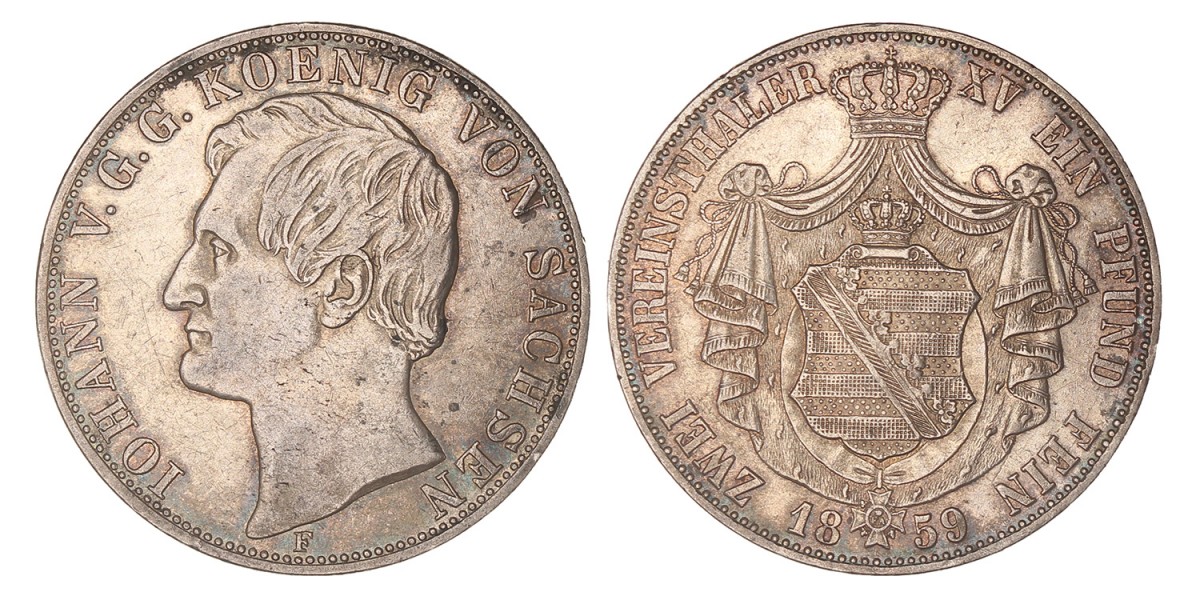 German states. Saxony. Johann V. 2 Thaler. 1859.