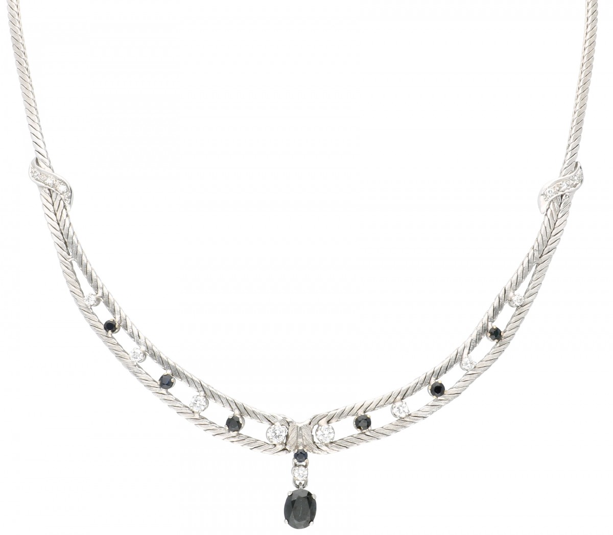 Witgouden klassiek collier bezet met ca. 0.43 ct. diamant en natuurlijke saffier - 18 kt.