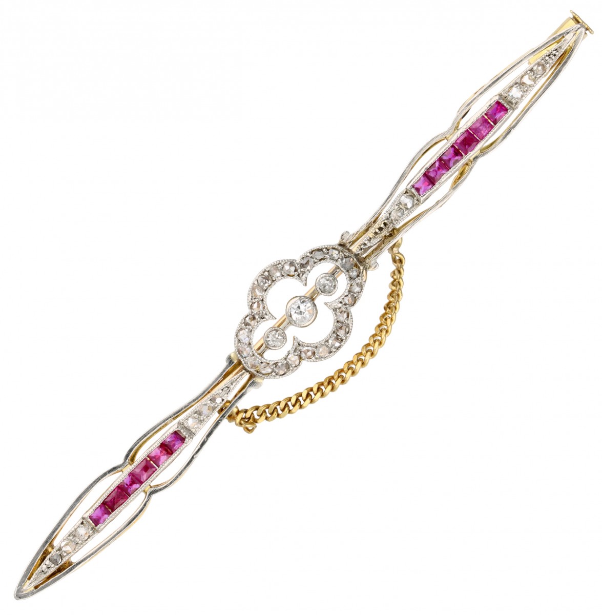 Geelgouden / platina Art Deco-broche, met ca. 0.20 ct. diamant en ca. 0.36 ct. natuurlijke robijn - 18 kt. en Pt 900.