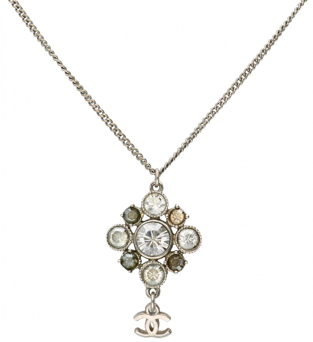 Chanel CC Crystal Flower zilverkleurig collier en hanger bezet met helderwitte en gele strass-stenen.