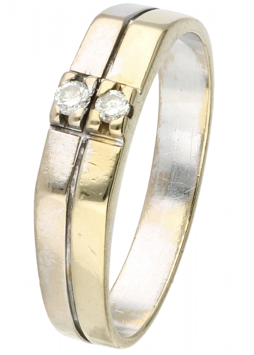 14 kt. Bicolor gouden ring bezet met ca. 0.06 ct. diamant.